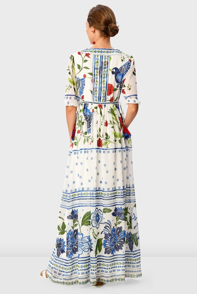 Floral Bird Print Georgette Drawstring Dress, Multi / White, alternate image number null