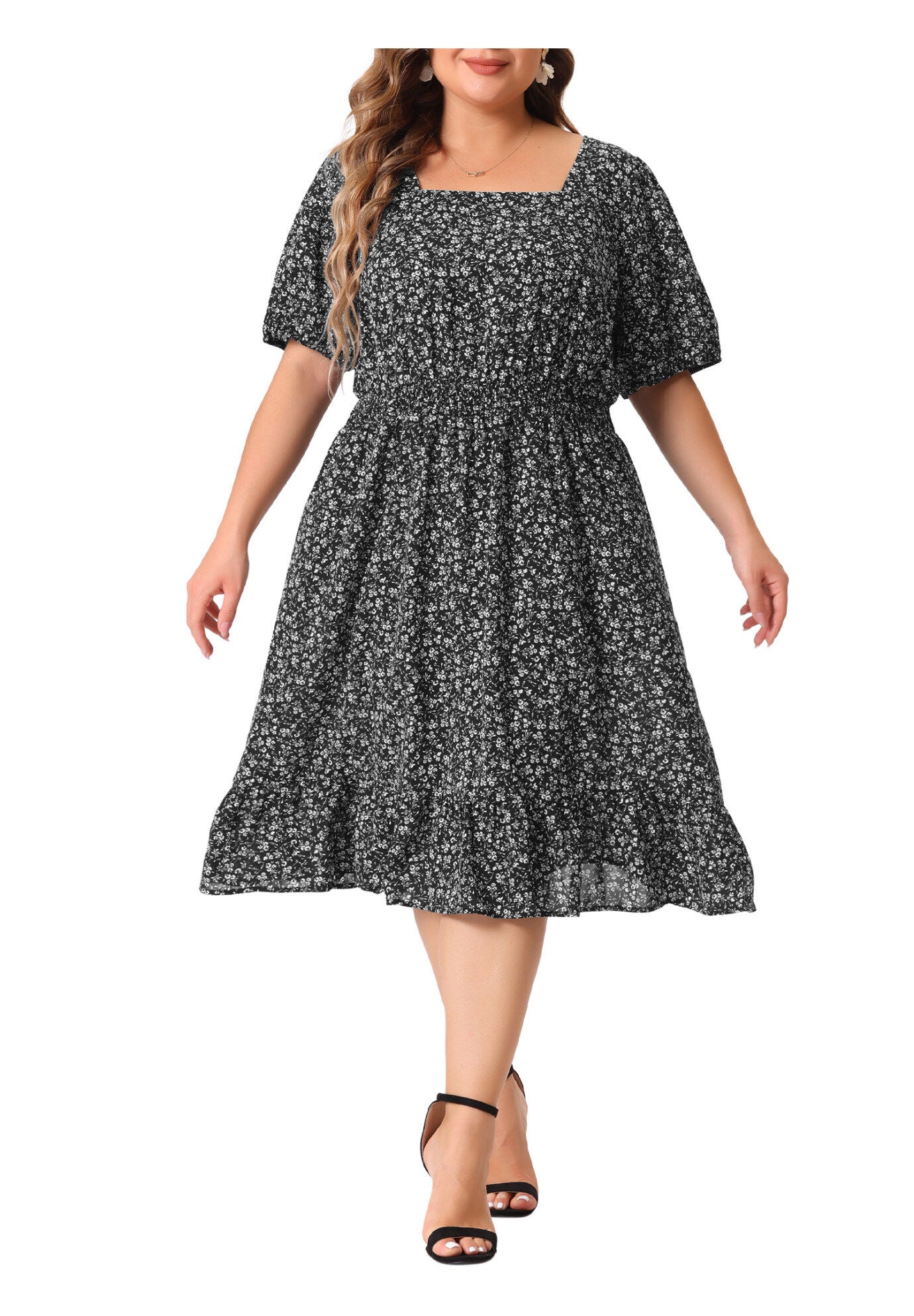 SHORT SLEEVE SQUARE NECK ELASTIC WAIST FLORAL DRESS, Black White / Black, alternate image number 2