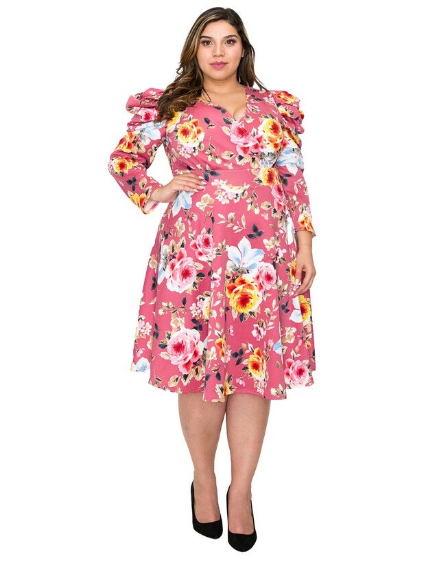 KOURTNEY FLORAL FLARE DRESS, MauvePinkBlue Floral / Pink, hi-res image number 0