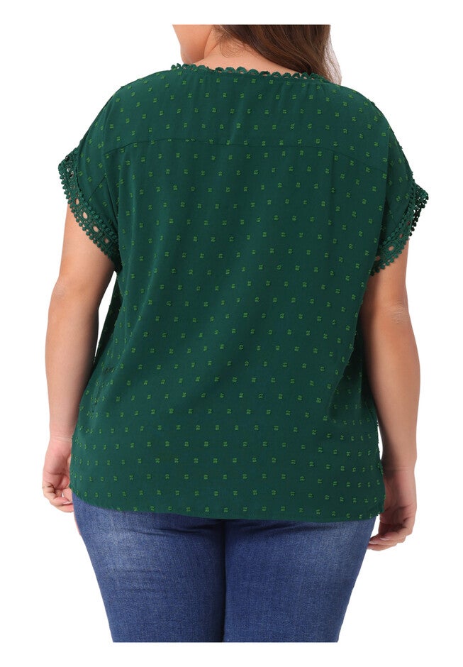 Swiss Dots Lace Crochet Short Sleeve Chiffon Blouse, Dark Green / Hunter Green, alternate image number 3