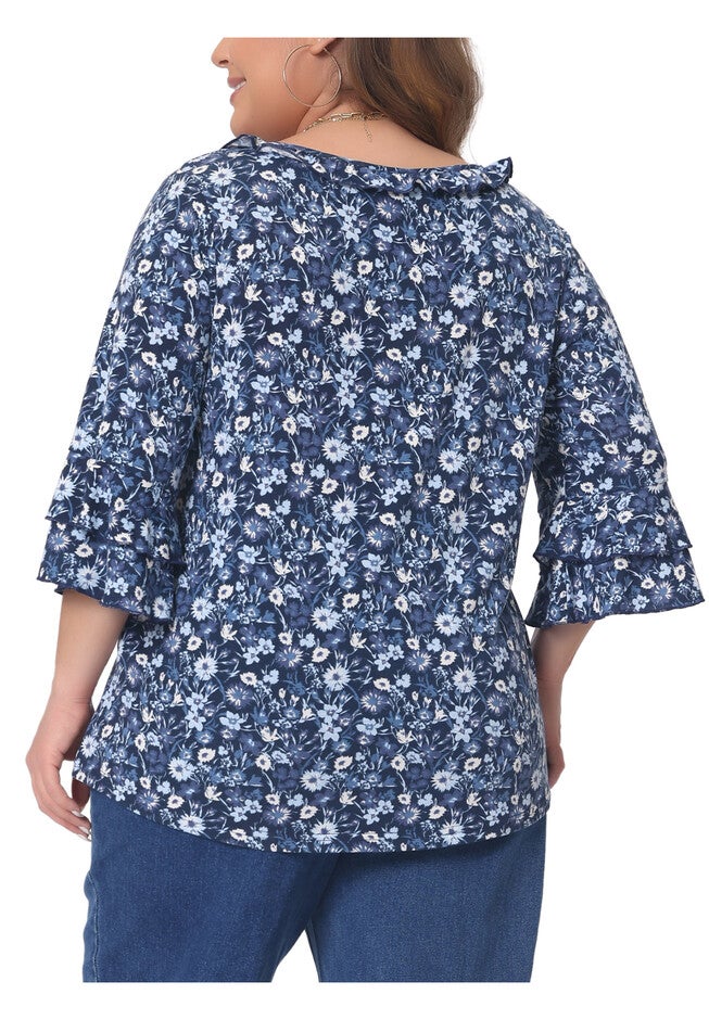Floral Print V Neck Tiered Ruffle Bell Sleeve Blouse Top, Navy Blue / Navy, alternate image number 3
