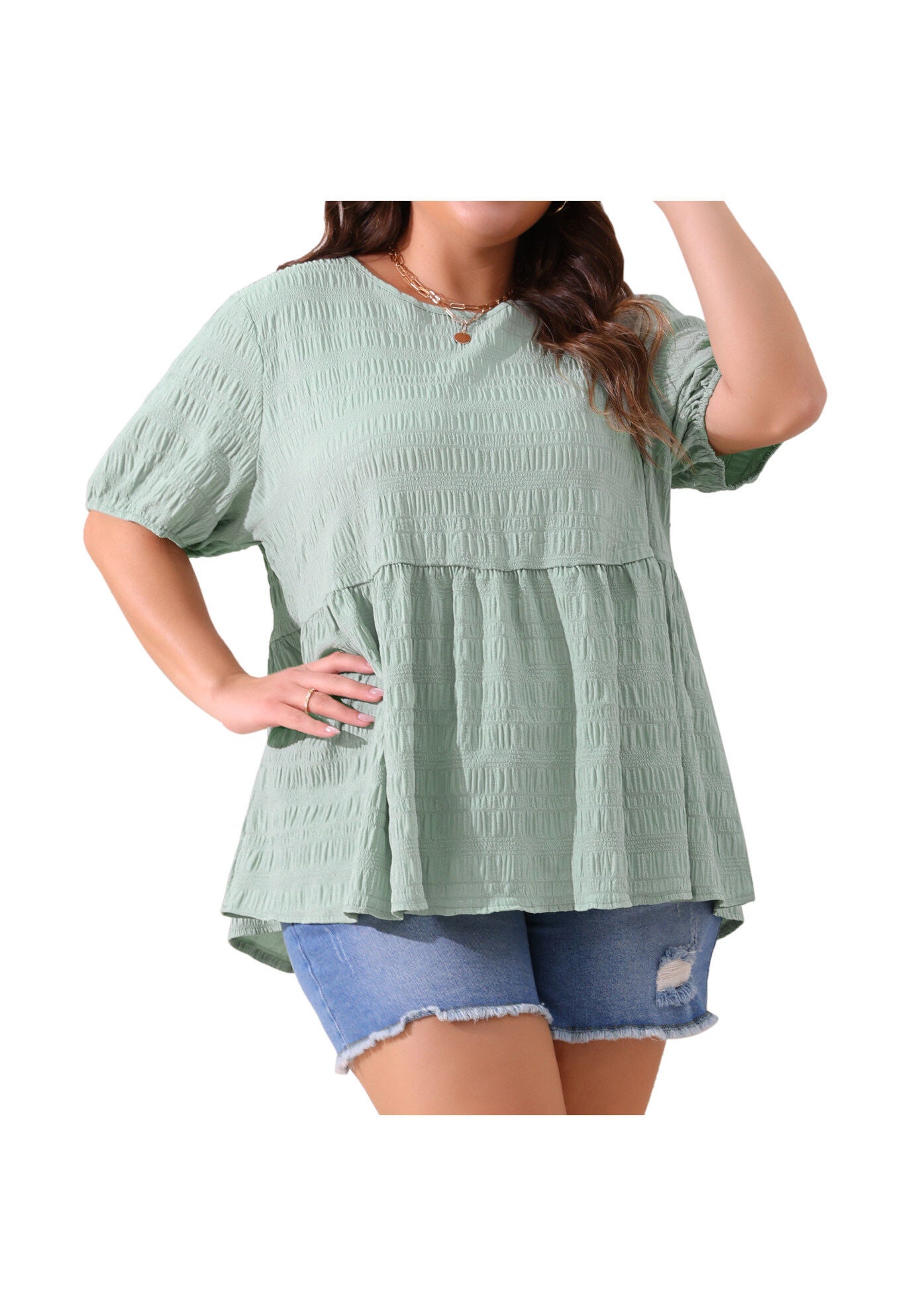 Babydoll Short Sleeve Loose Fit Flowy Blouse, Greyish Green / Mint, alternate image number 1