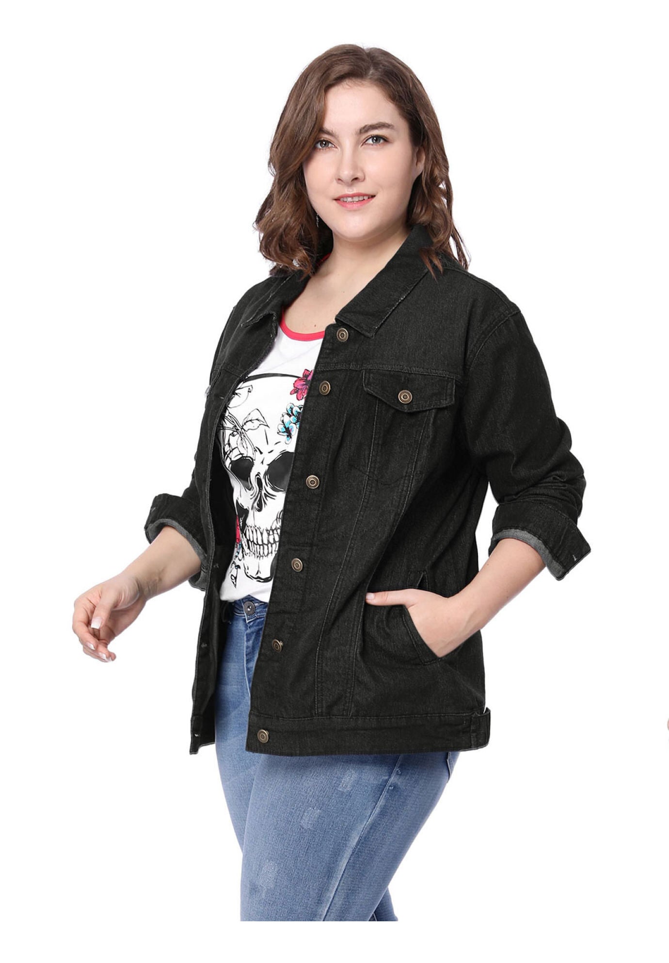 STITCHING BUTTON FRONT WASHED DENIM JACKET, Black / Black, alternate image number 3
