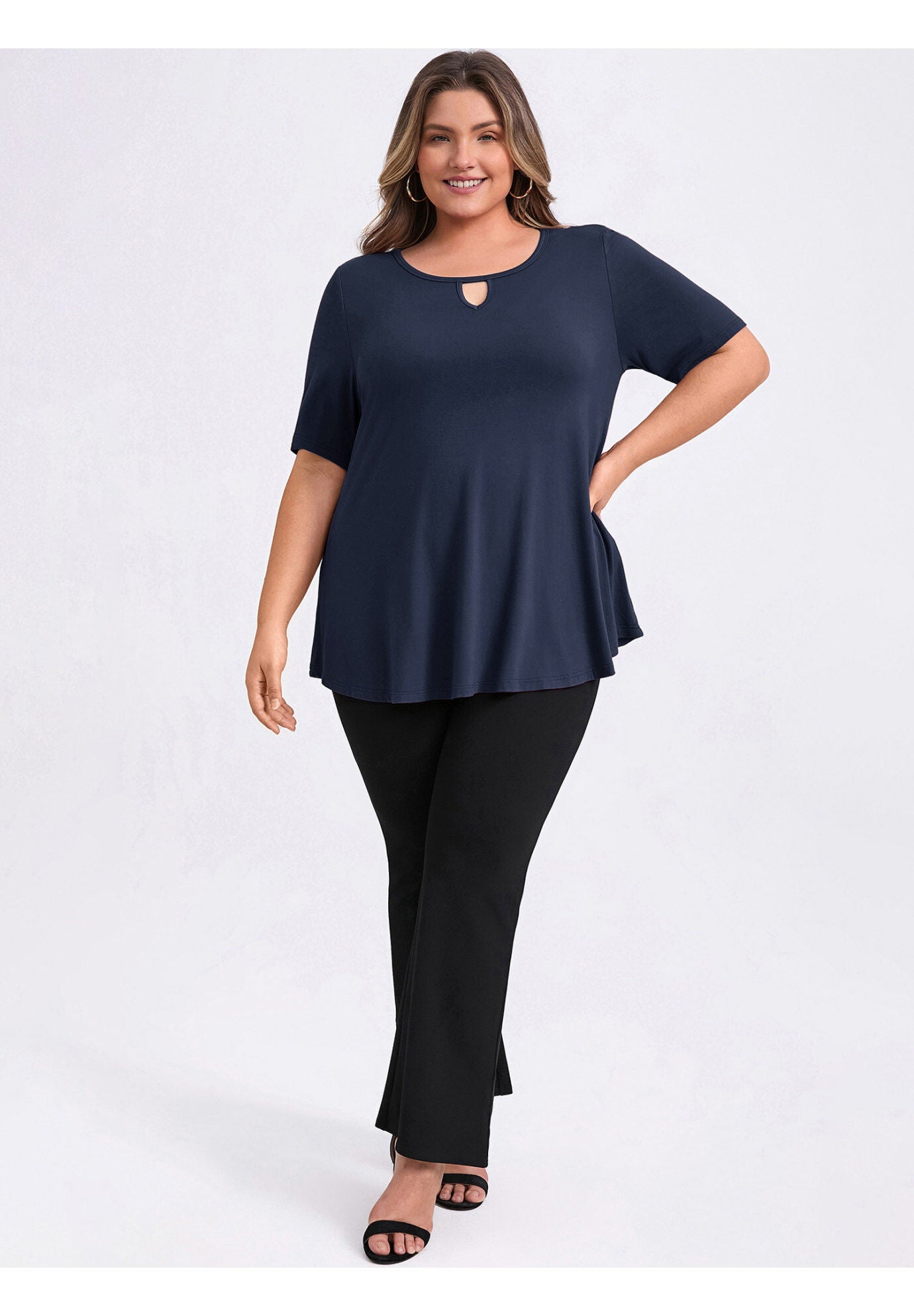 Knit Keyhole V Neck Short Sleeve Swing Tunic Blouse, Navy Blue / Navy, alternate image number 1