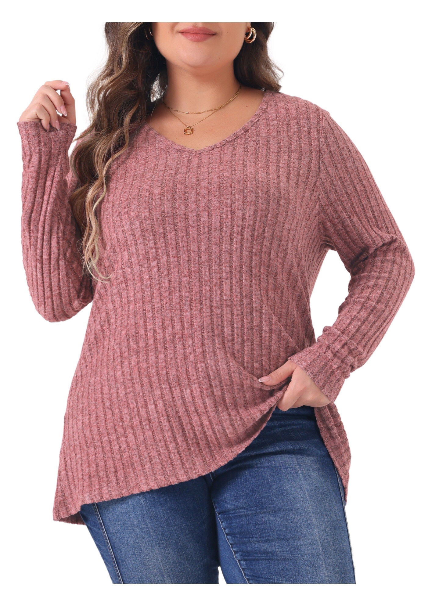 V Neck Long Sleeve Ribbed Brushed Tunic Blouse, Pink / Pink, alternate image number 2