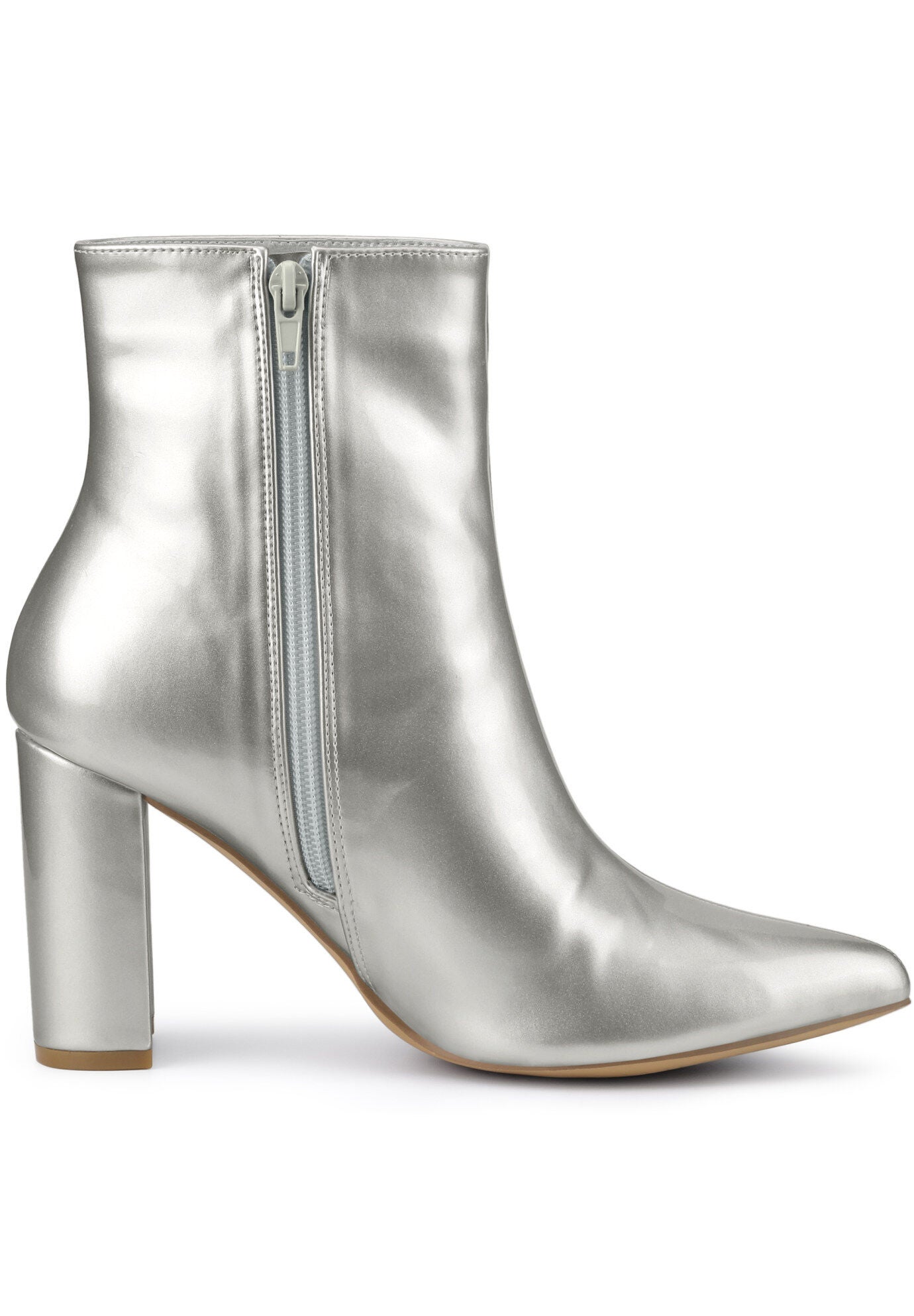 PATENT LEATHER POINTED TOE ZIP ANKLE BOOTS, Silver / Silver, alternate image number 3