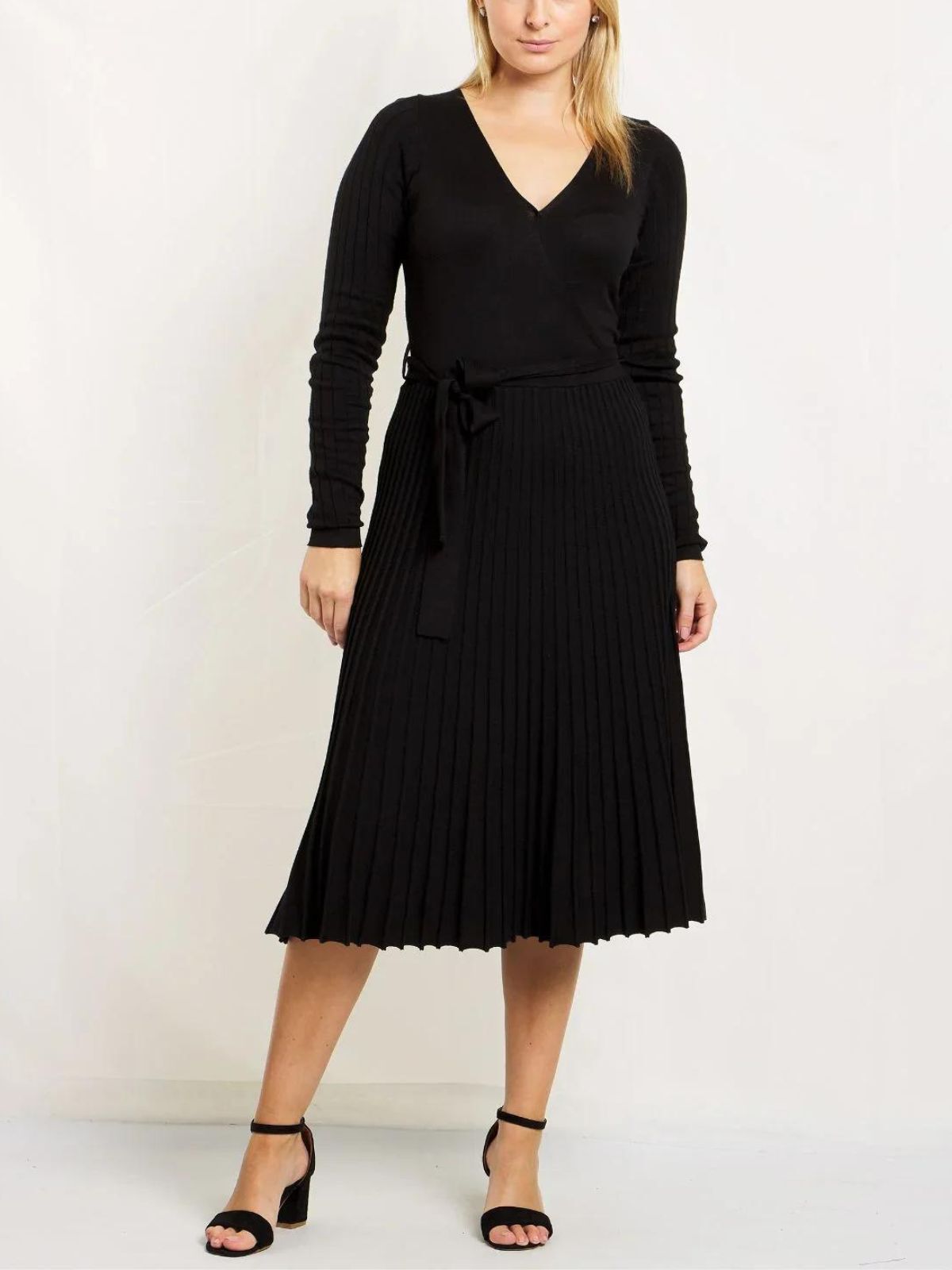 Adelina Dress Knit Pleated Skirt Crossover Top, Black / Black, alternate image number 2