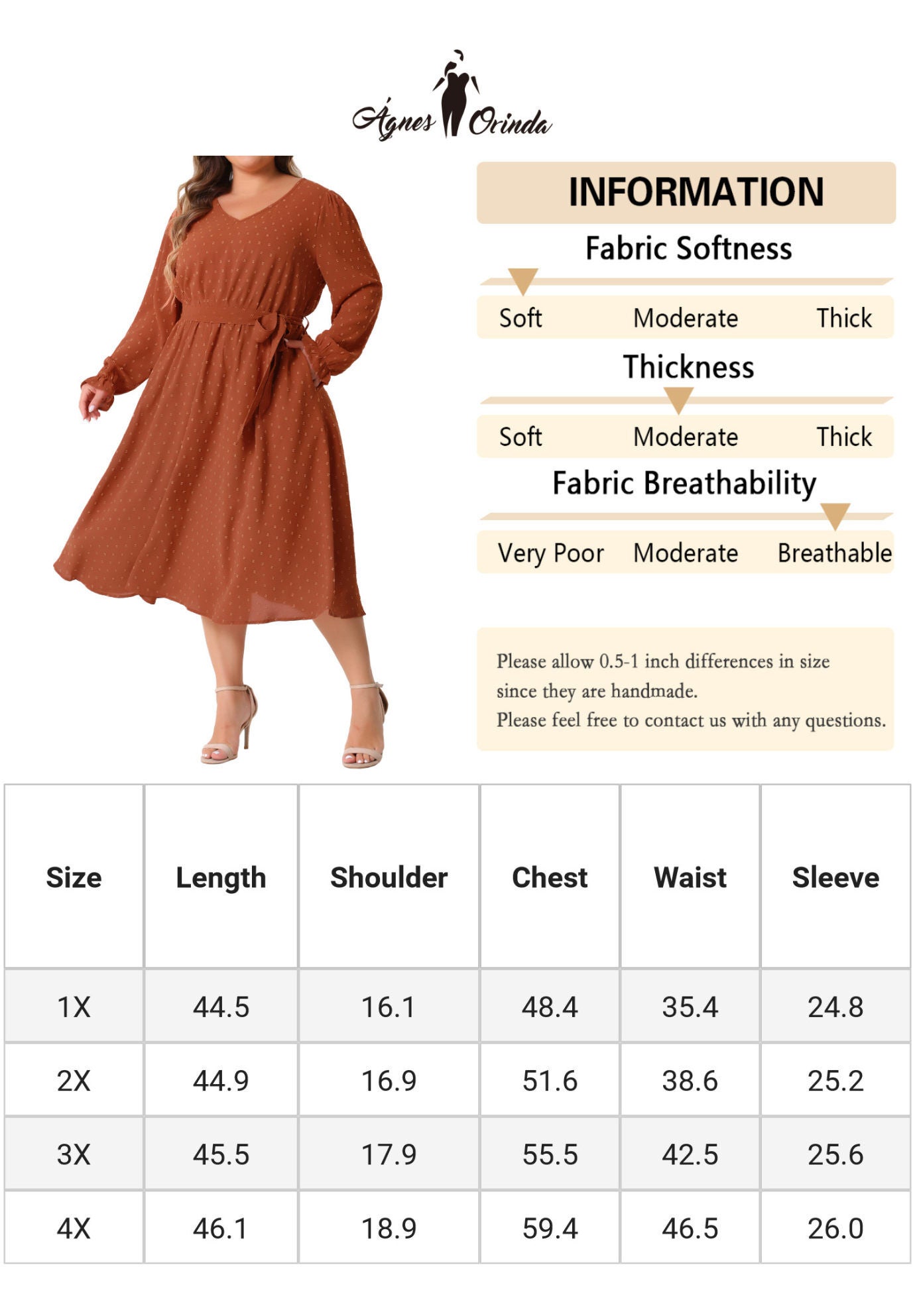 Swiss Dot V Neck Tie Belt A Line Flowy Midi Dresses with Pockets, Orange / Orange, alternate image number 4