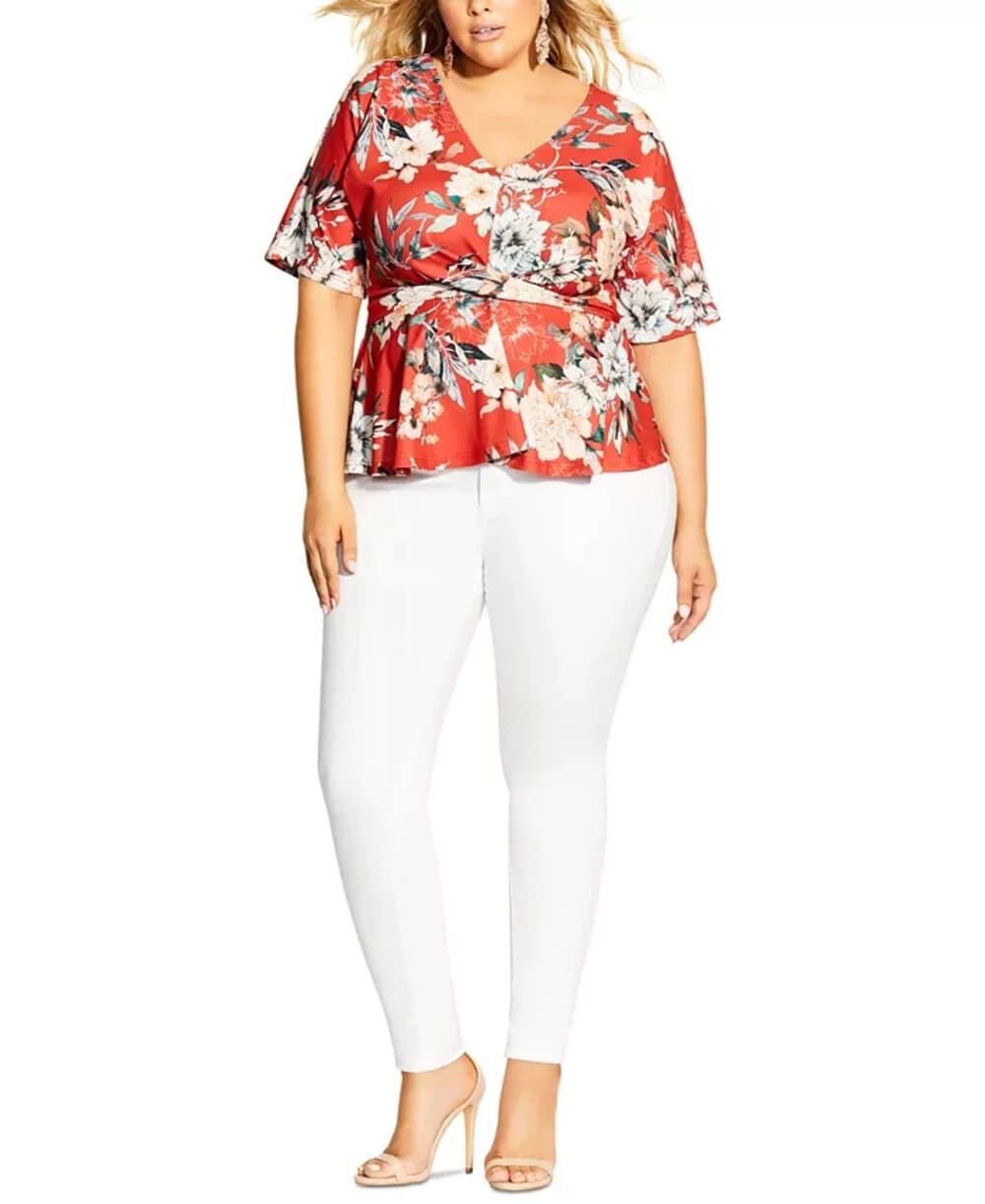 City Chic Women's Trendy Plus Size Printed Twist-Front Top Dark Orange Size 24W, Orange / Orange, hi-res image number 0