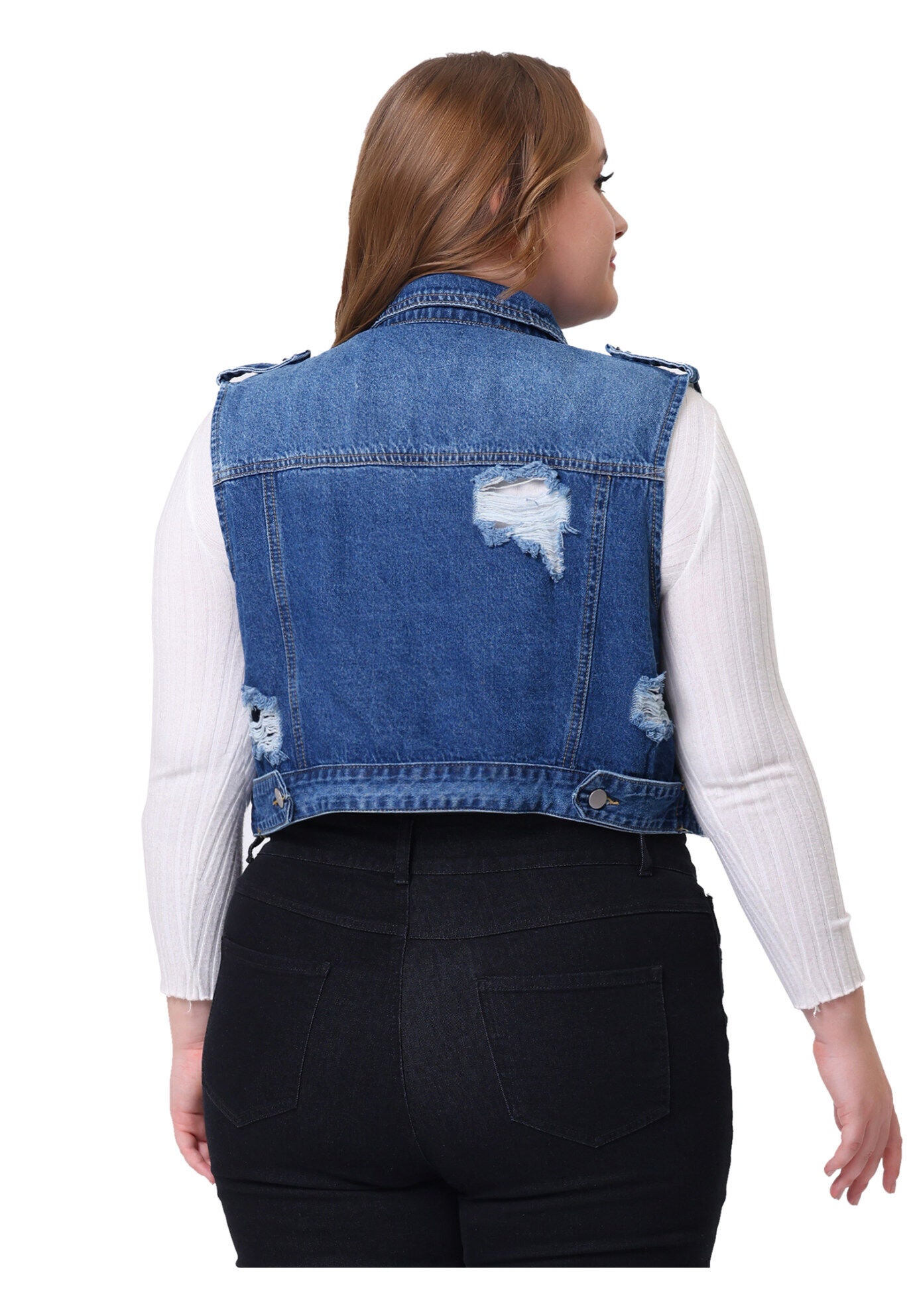 SLEEVELESS BUTTON JEAN CROP DENIM VEST, Blue / Chambray Denim Medium, alternate image number 2