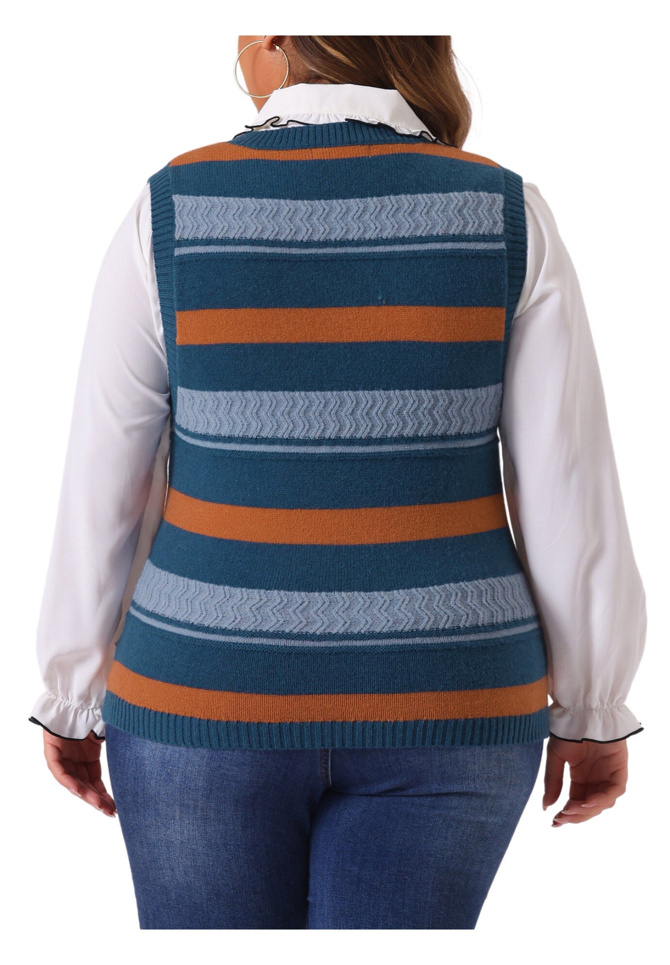 V Neck Striped Knit Casual Pullover Sweater Vest, Blue / Dusty Blue, alternate image number 3
