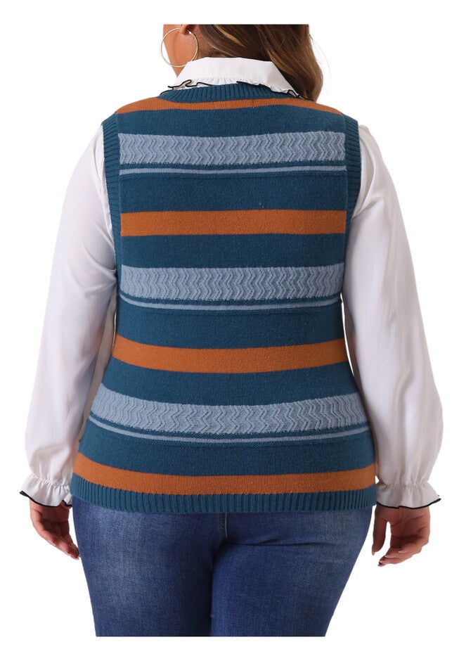 V Neck Striped Knit Casual Pullover Sweater Vest, Blue / Dusty Blue, alternate image number 3