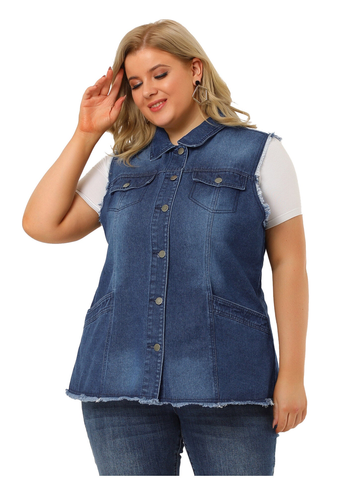 BUTTON FRONT LAPEL FRAYED WASHED SLEEVELESS LONG DENIM VEST, Dark Blue / Navy, alternate image number 3