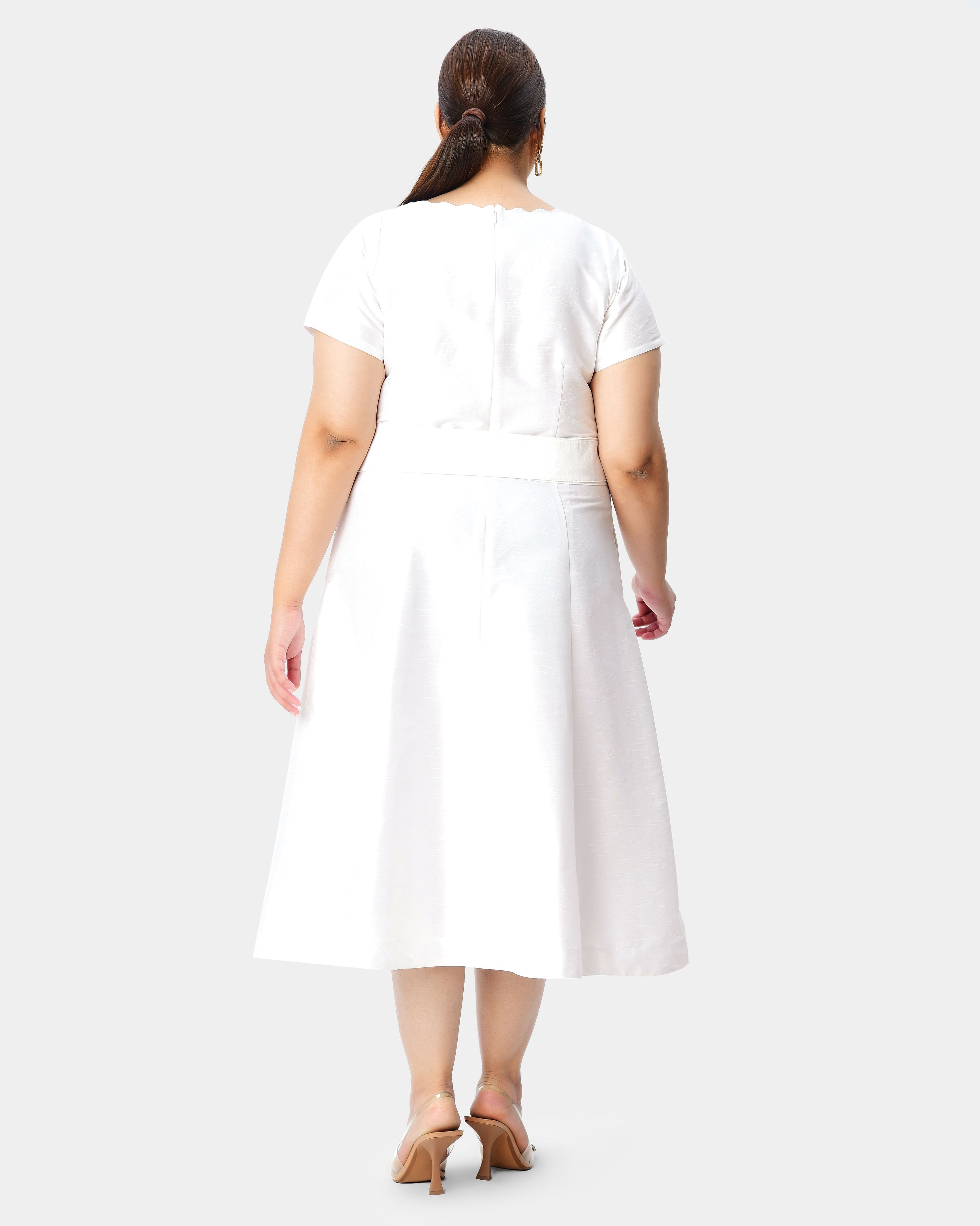 Obi belt dupioni scallop trim boatneck dress, White / White, alternate image number 2