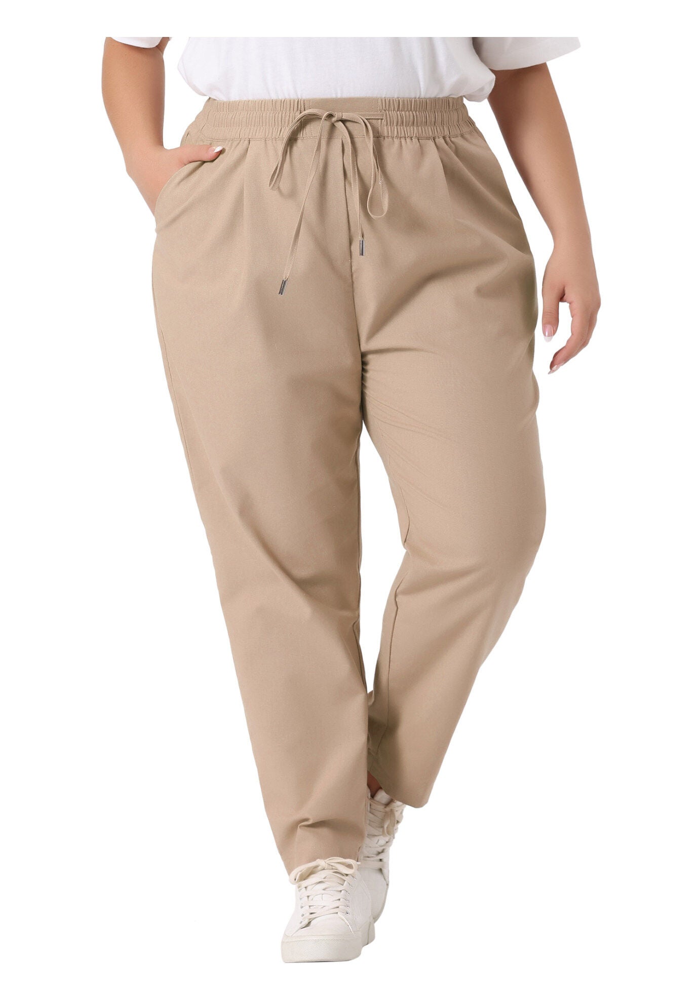 STRAIGHT LEG DRAWSTRING ELASTIC LOOSE TROUSERS, Khaki / Brown, alternate image number 2