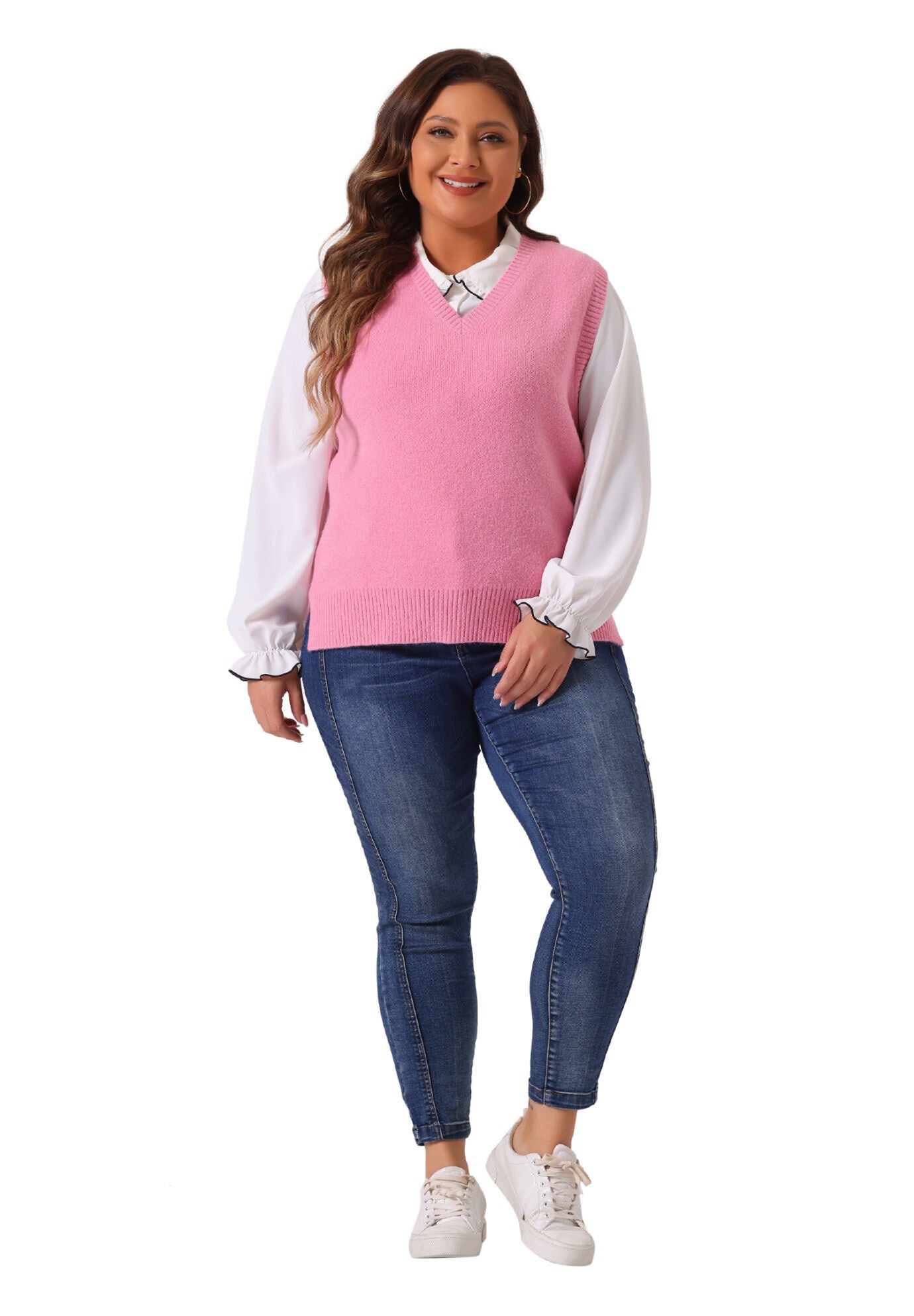 V Neck Knit Vest Sleeveless Pullover Sweater Top, Pink / Pink, hi-res image number 0