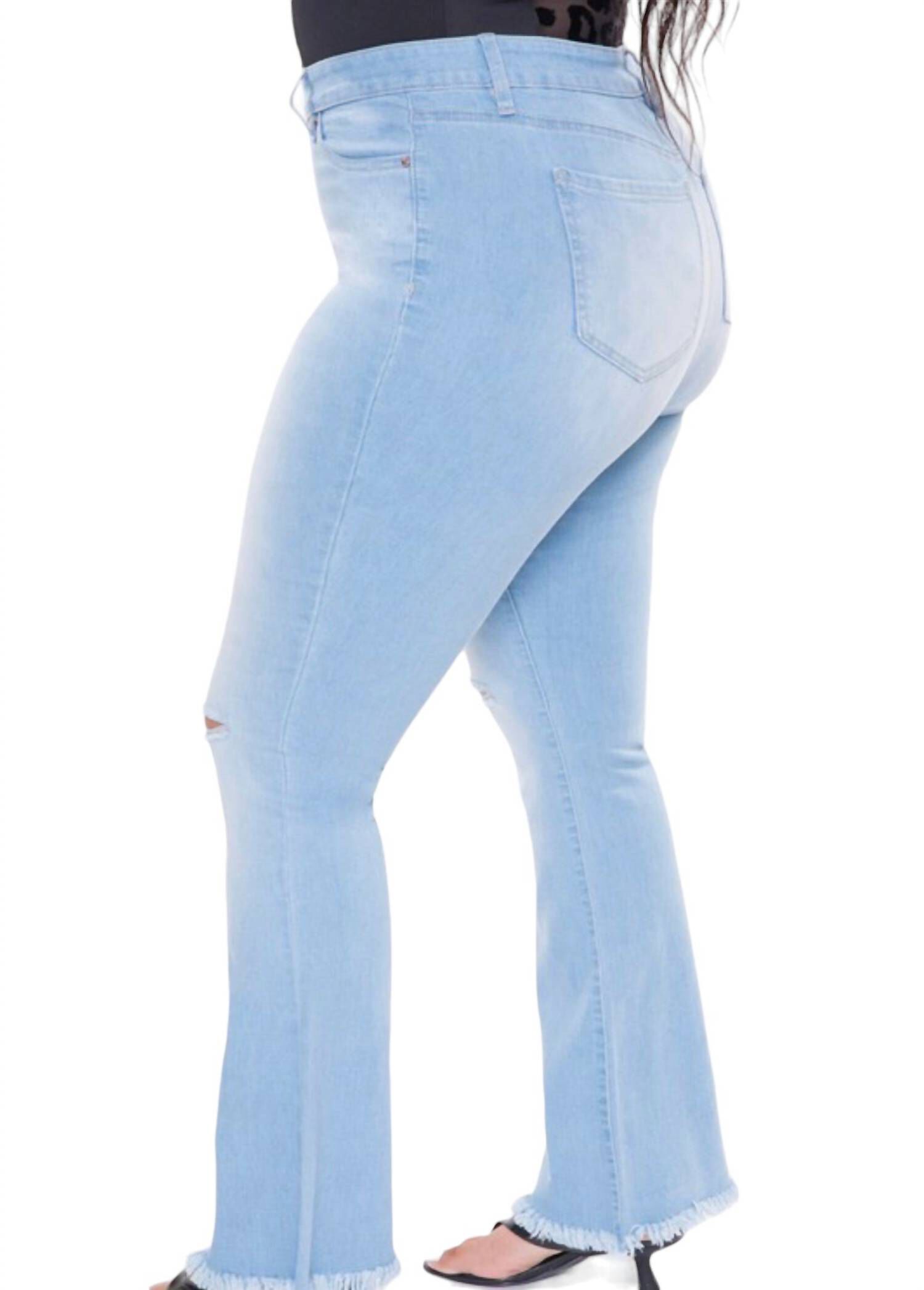 SINGLE BUTTON HIGH RISE SUPER FLARE JEANS, Light Blue Rips / Light Blue, alternate image number 2