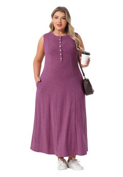 Summer Sleeveless Button A Line Tank Maxi Dress with Pockets
