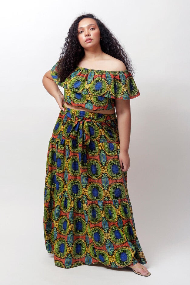 Nyla Off The Shoulder Crop Top, Green Kaleidoscope / Forest Green, alternate image number null