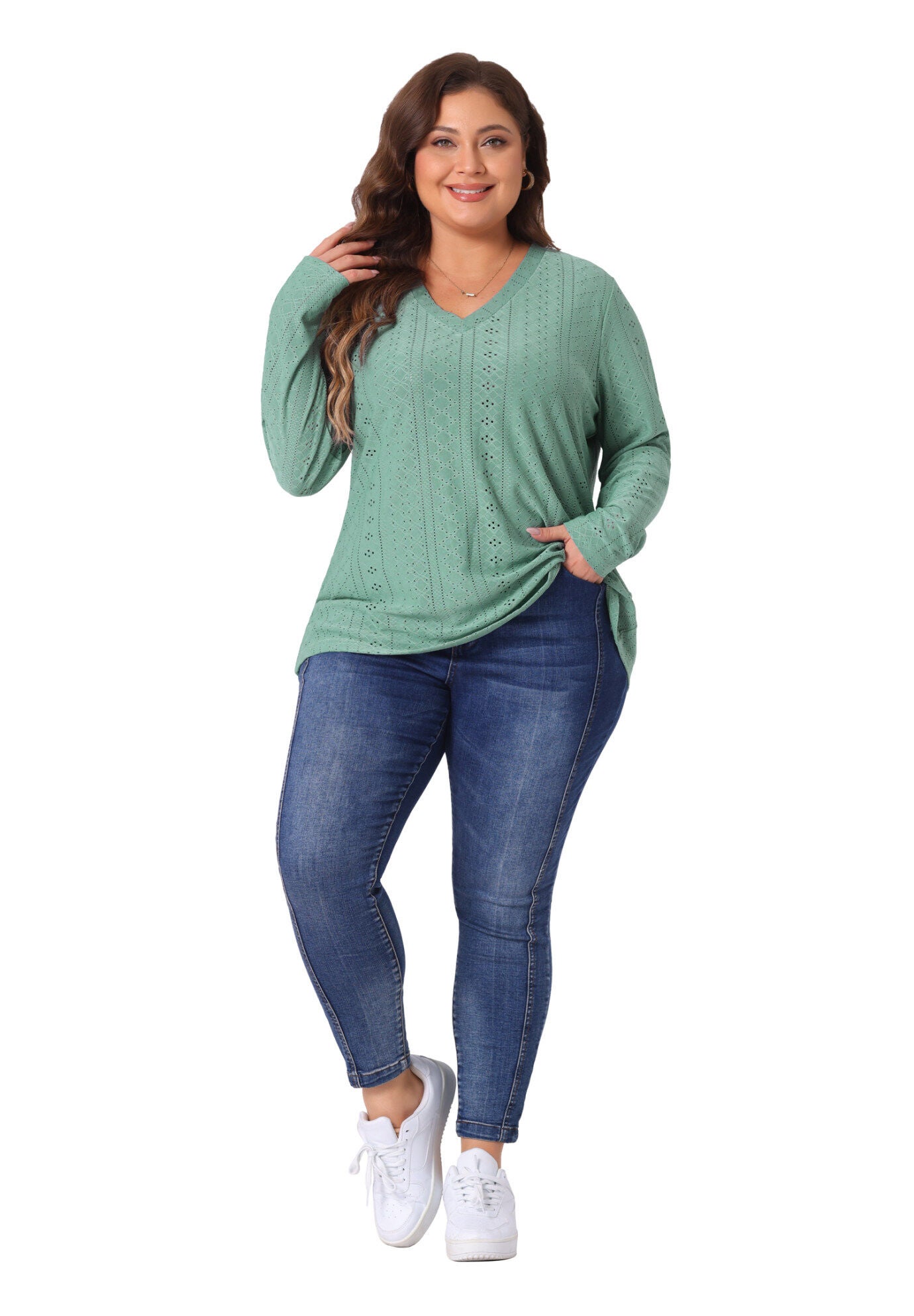 V Neck Long Sleeve Hollow Eyelet Top T-Shirt Tee, Green / Light Green, hi-res image number 0