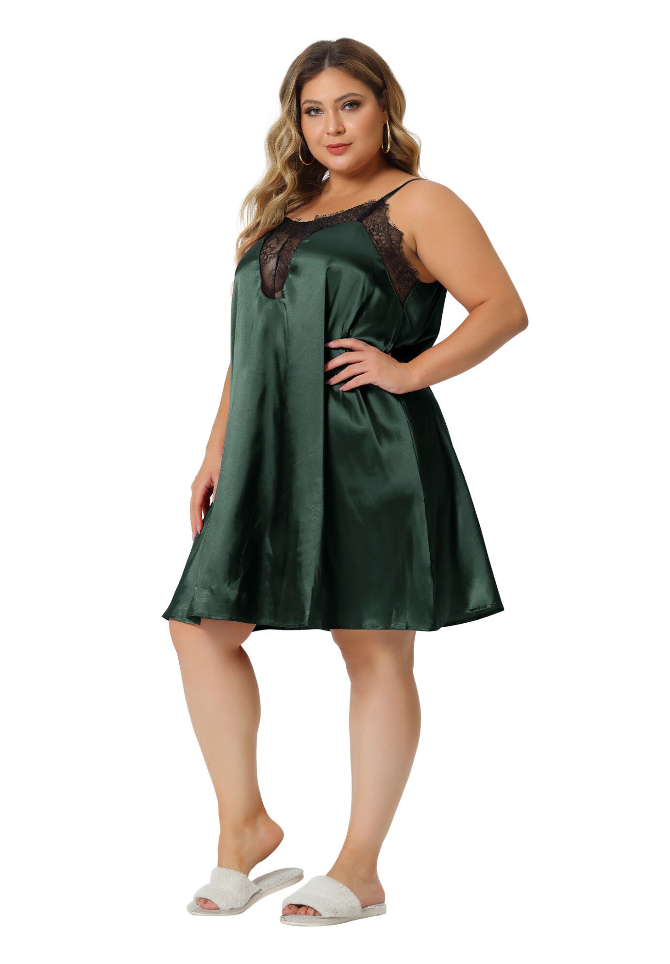 Lace Nightgown Spaghetti Lounge Sleep Dress, Green / Forest Green, hi-res image number 0