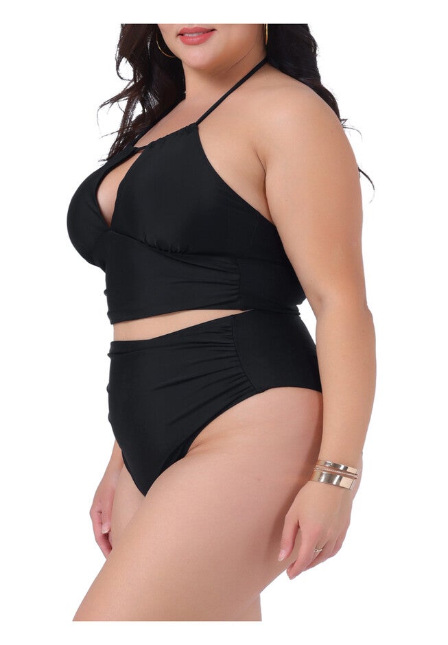 2 Piece Halter Ruched Polka Dots Solid High Waisted Swimsuit Set, Black / Black, alternate image number 1
