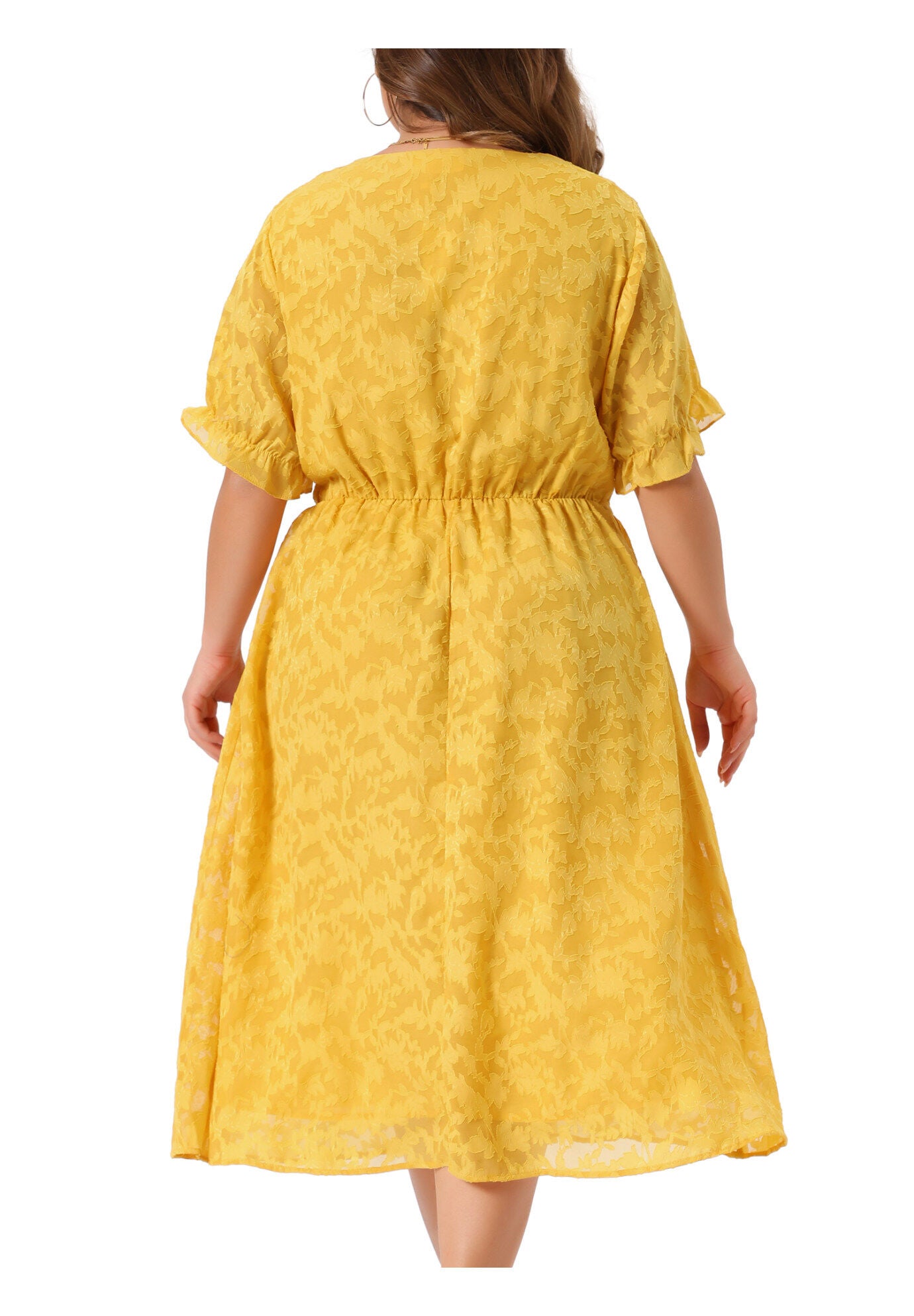 LACE FLORAL RUFFLE SHORT SLEEVE V NECK MIDI DRESS, Yellow / Yellow, alternate image number 4