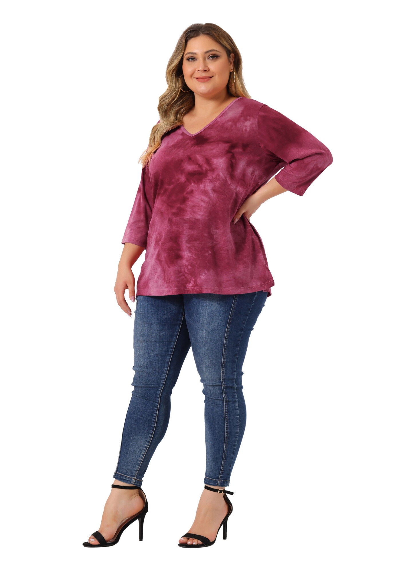 V Neck 3/4 Sleeve Loose Casual Striped Tie Dye Print T-Shirt Top, Hot Pink / Deep Fuchsia, hi-res image number 0