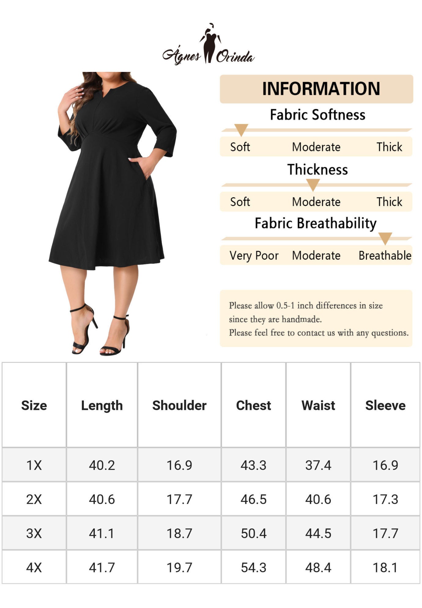 Notched V Neck 3/4 Sleeve A-Line Midi Dress, Black / Black, alternate image number 4