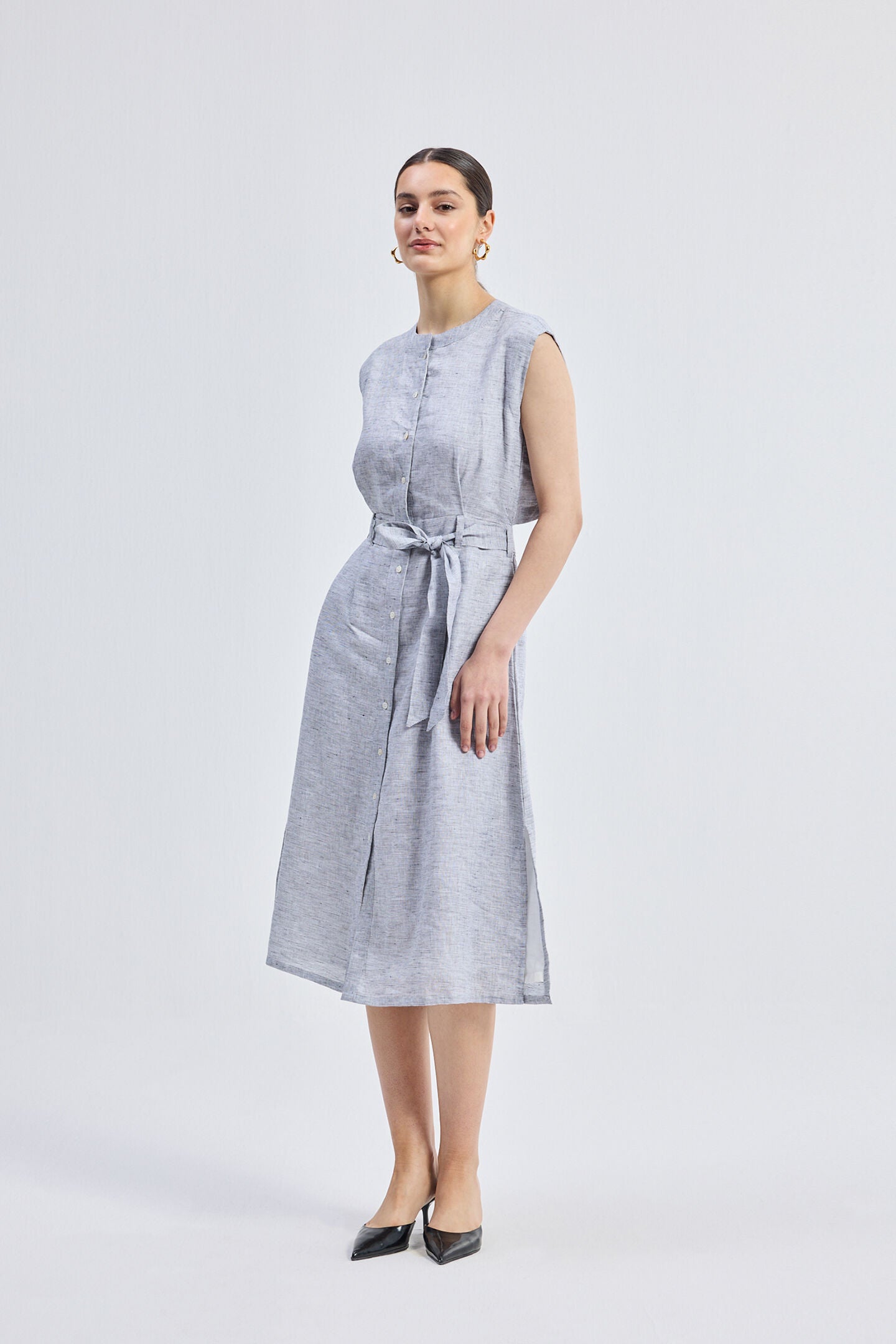 Back Cut Out Linen Dress, Pin striped Linen / Cool Gray, alternate image number 2