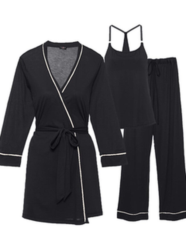 Cami Robe & Pant Pajama Set, BlackIvory / Black, hi-res image number null