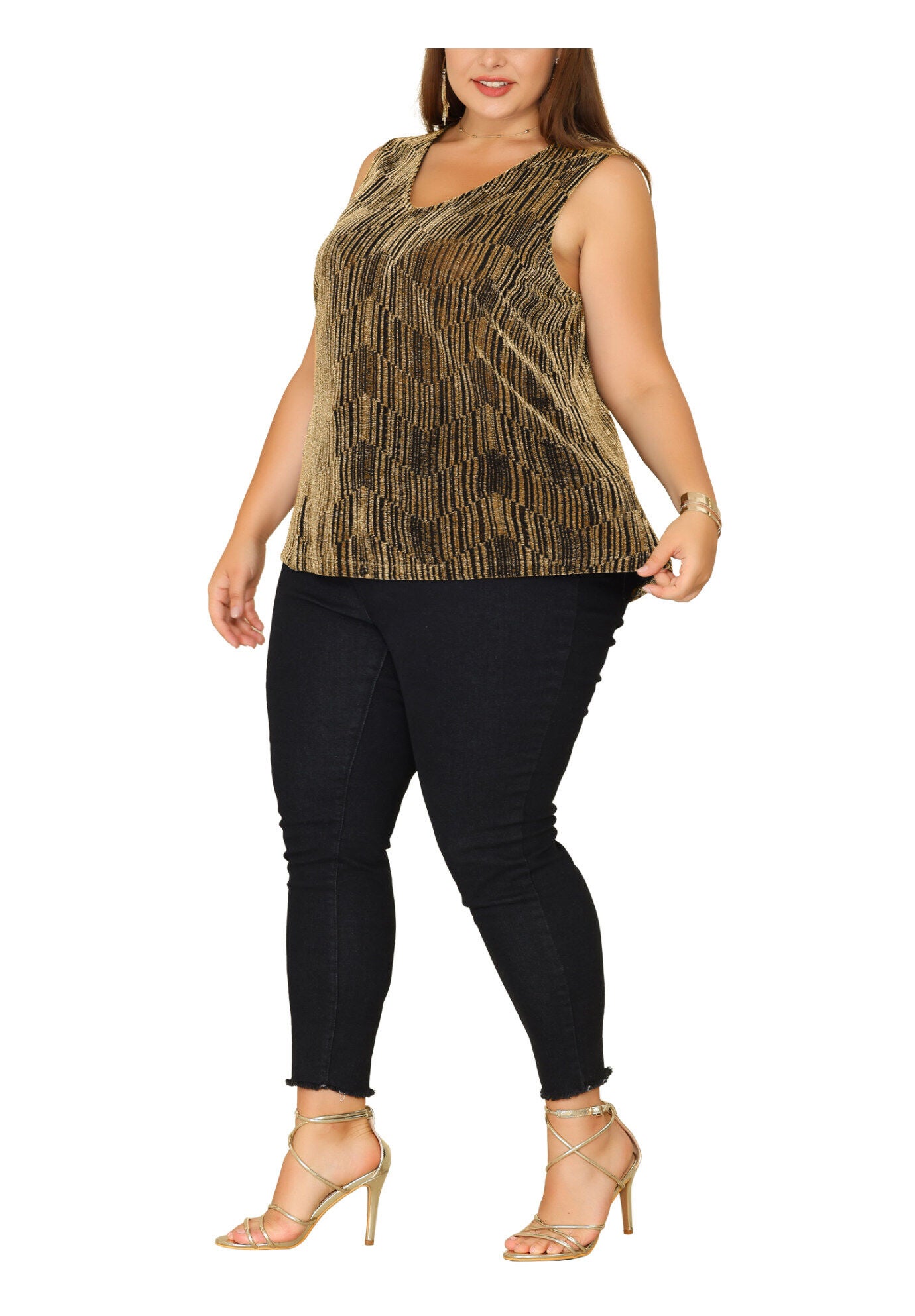 SEQUIN TOP SLEEVELESS GLITTER GRADIENT TANK VEST, Gold / Gold, alternate image number 1