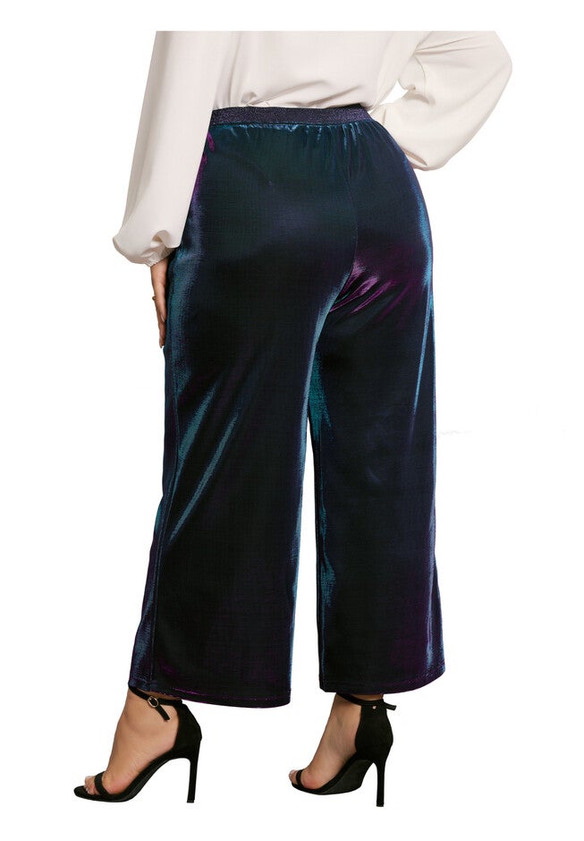 METALLIC SPARKLY ELASTIC WAIST WIDE LEG PALAZZO PANTS, Purple Blue / Purple, alternate image number null