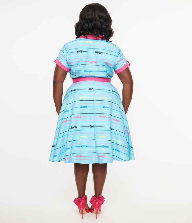 Barbie x Unique Vintage Blue Barbie Print Shirt Dress, Blue Barbie Print / Aqua, alternate image number null