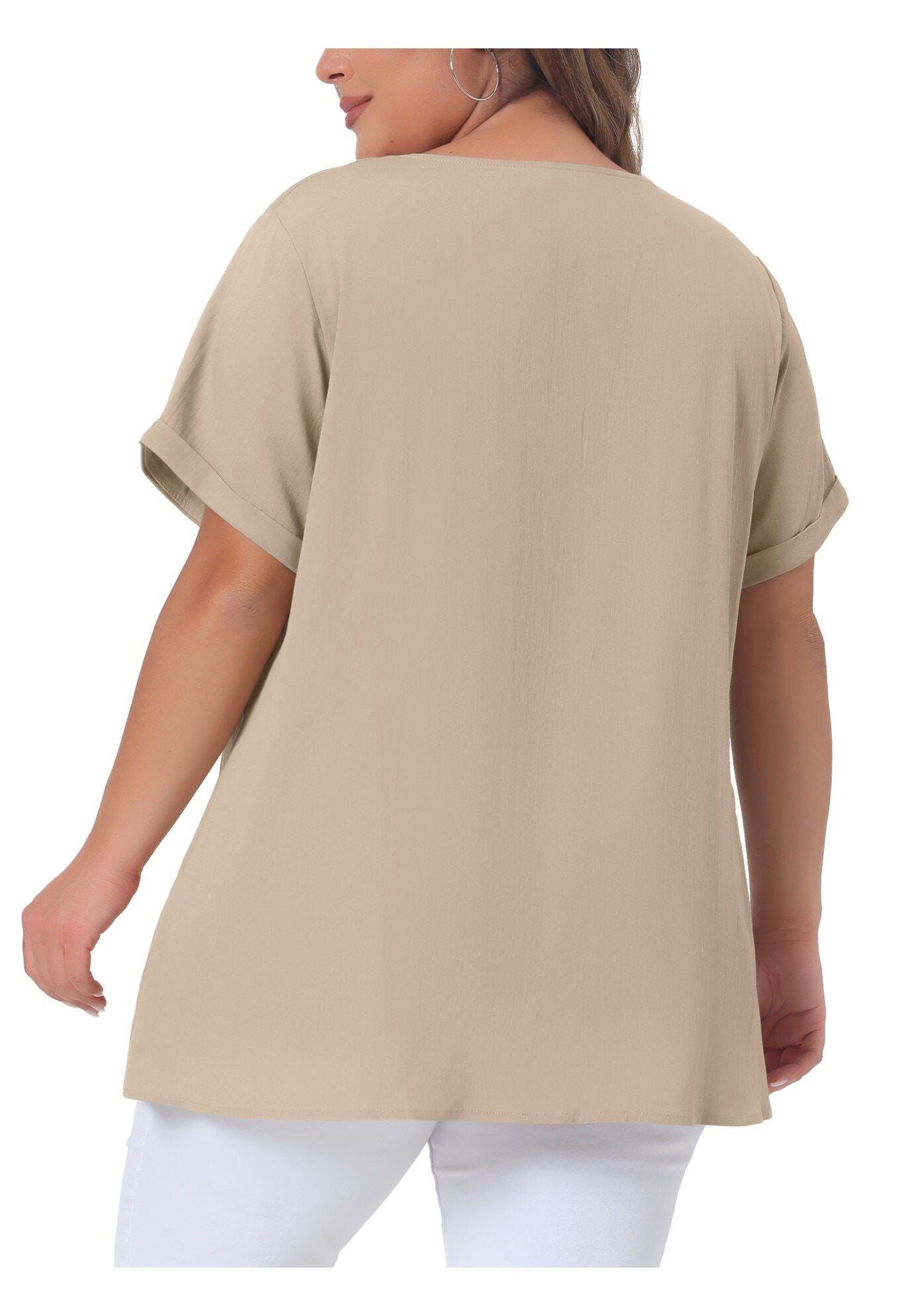 Chambray Pleat Front V Neck Short Sleeve Blouse Top, Khaki / Brown, alternate image number 3