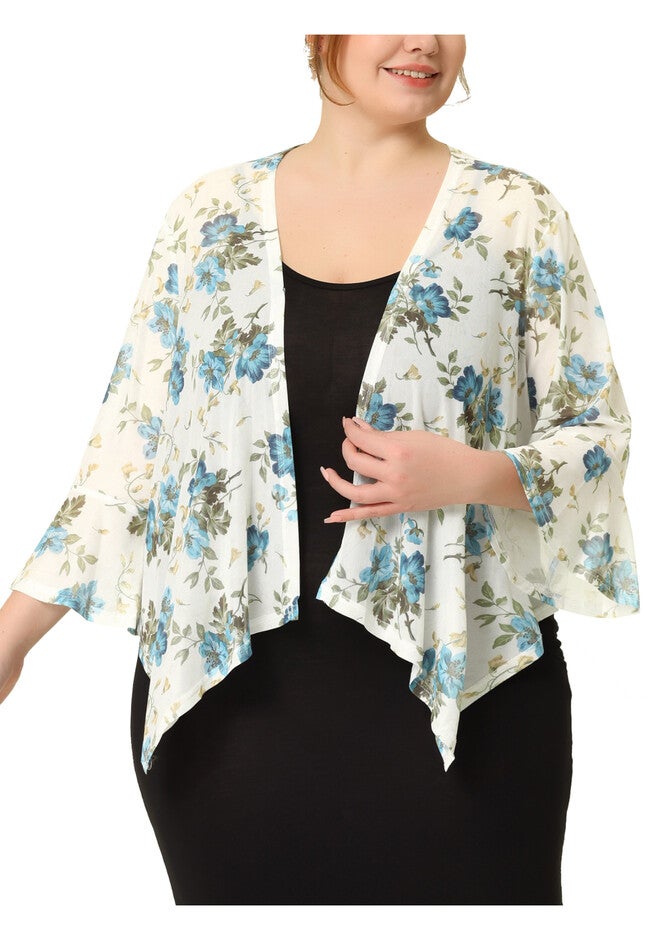 Chiffon Cover Up 3/4 Sleeve Floral Summer Cardigan, White / White, alternate image number null