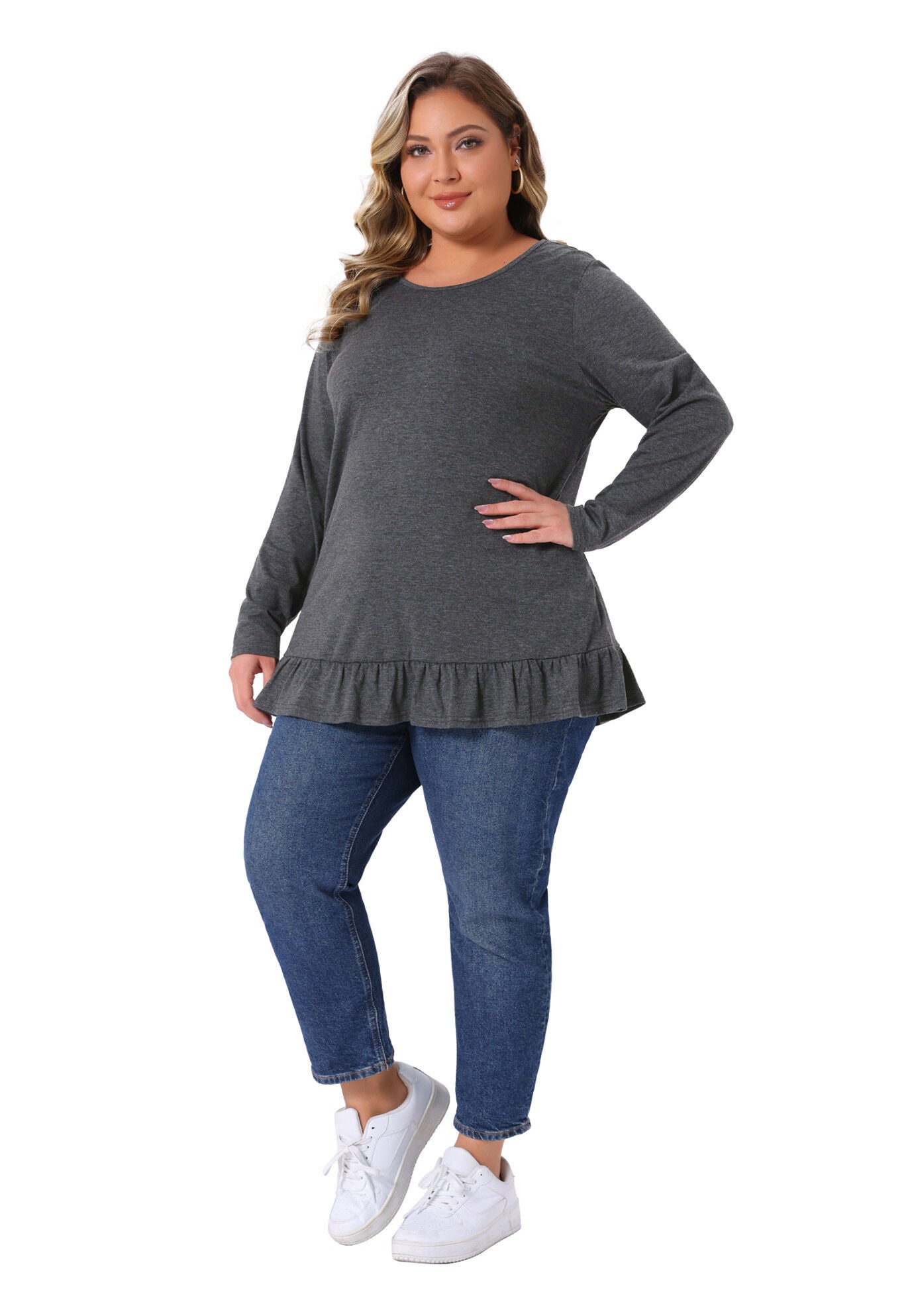 Crew Neck Ruffled Hem Flowy Blouses with Pockets, Dark Gray / Charcoal Grey, hi-res image number 0