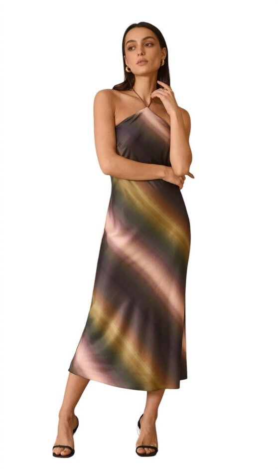 YVONNE HALTER SATIN DRESS, Olive Lime Nude / Black, alternate image number null