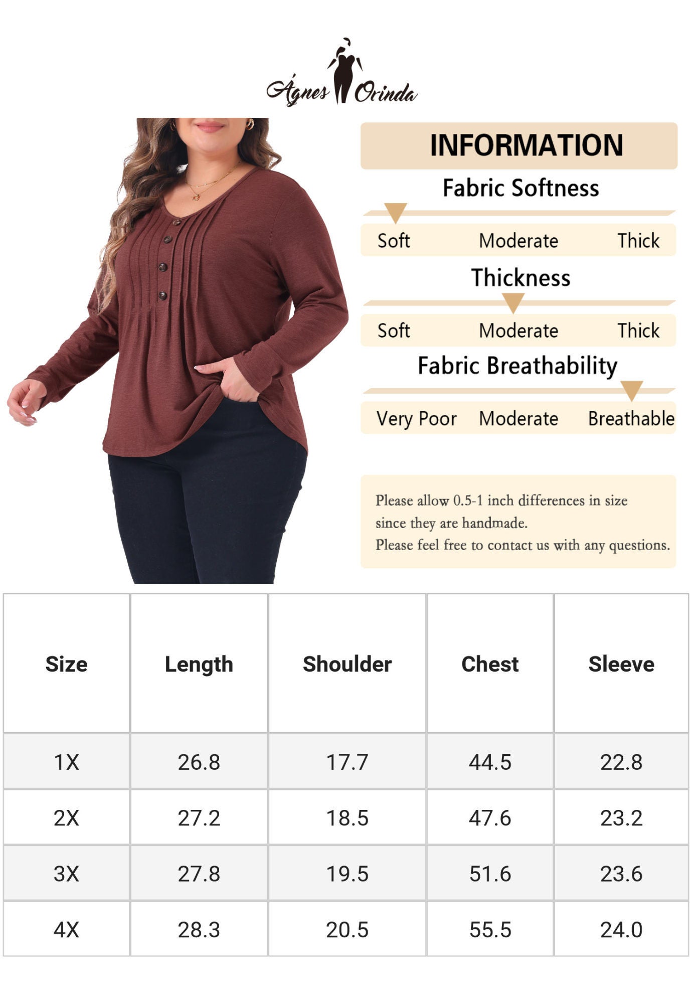 Long Sleeve Pleated Front V Neck Button Blouse, Burgundy / Burgundy, alternate image number 4