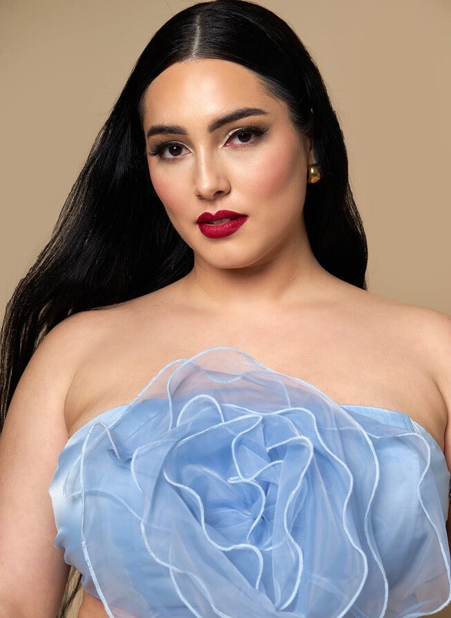 CAMELLIA 3D FLOWER STRAPLESS TOP - CORNFLOWER, Blue / Cornflower Blue, alternate image number null