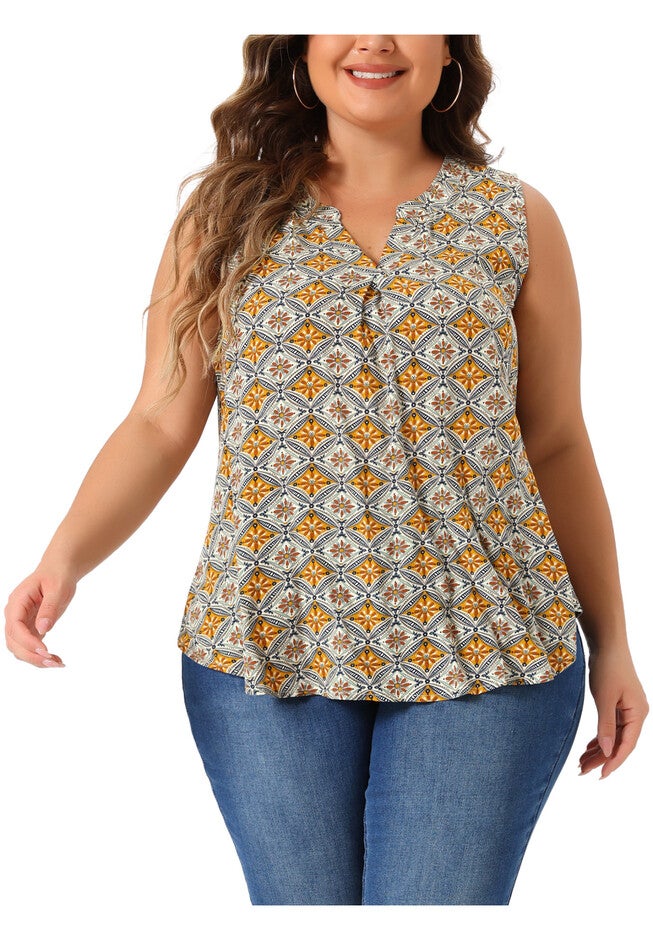Sleeveless Floral Print V Neck Tunic Tank Top, Brown / Brown, alternate image number 2