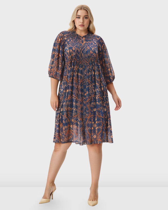 Floral Tile Print Georgette Pintuck Shift Dress, Navy / Beige, hi-res image number 0