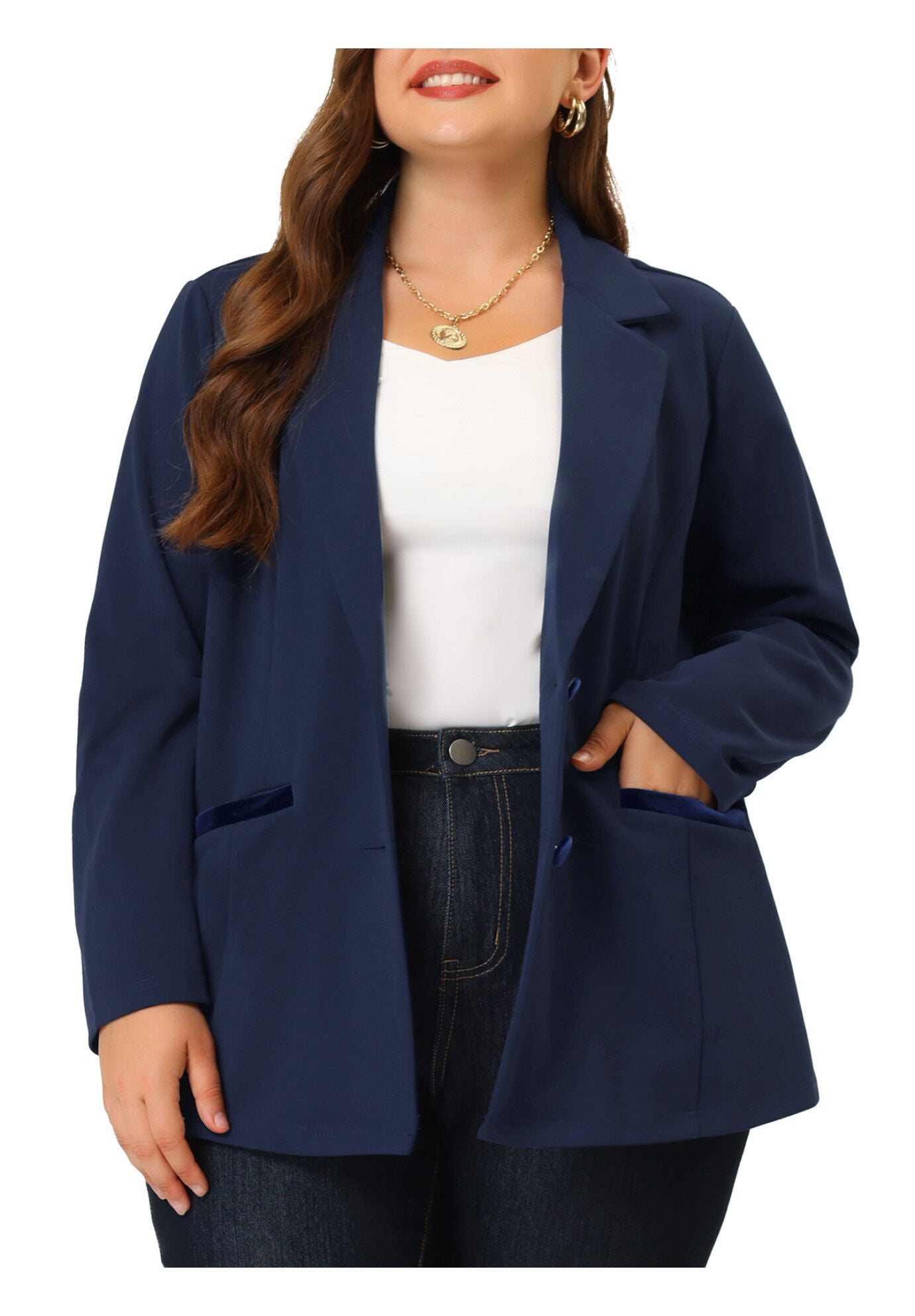NOTCHED LAPEL V NECK WORK SUIT BLAZER, Navy Blue / Navy, alternate image number 2