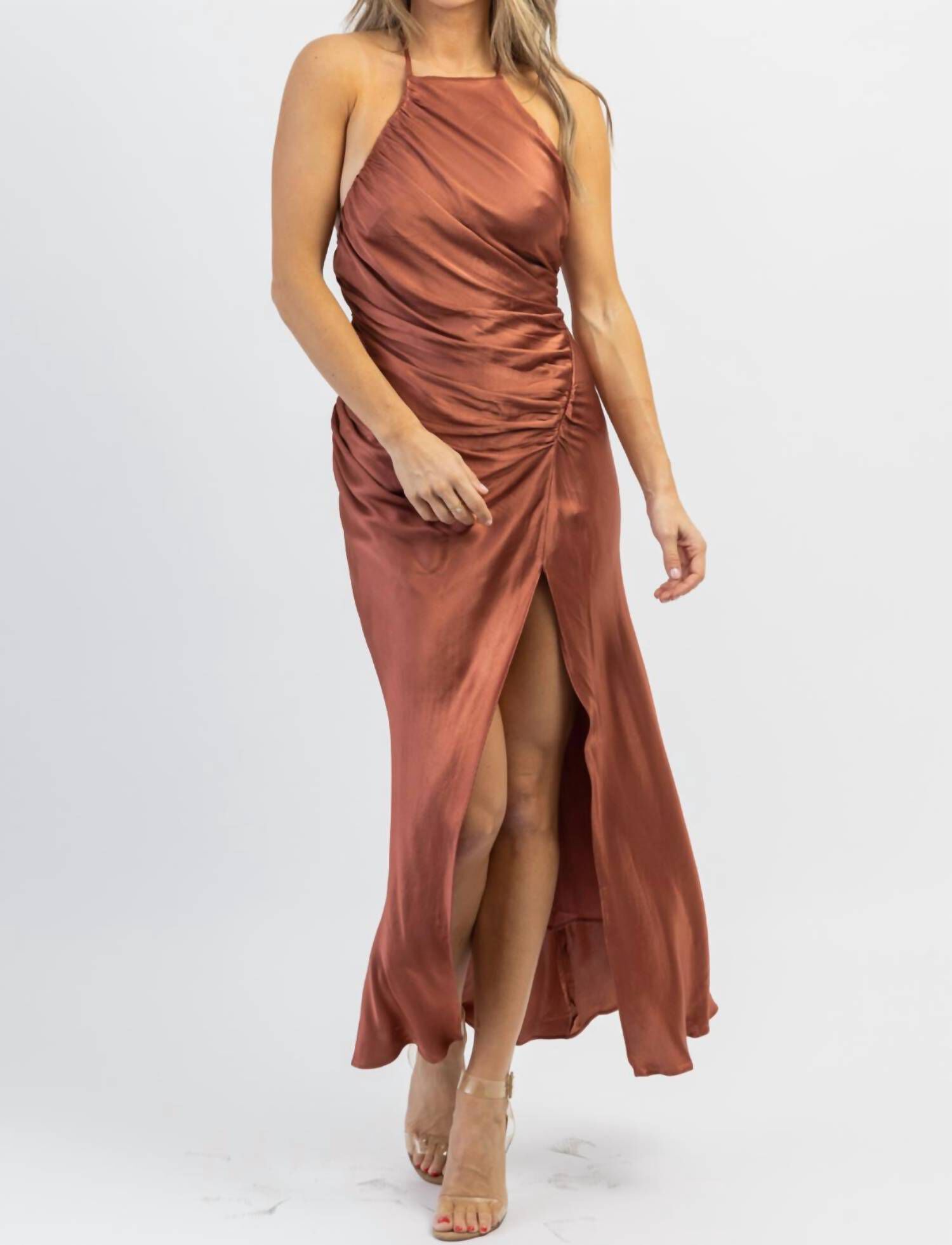 BILTMORE SATIN SHIRRING DRESS IN RUST, , alternate image number 5