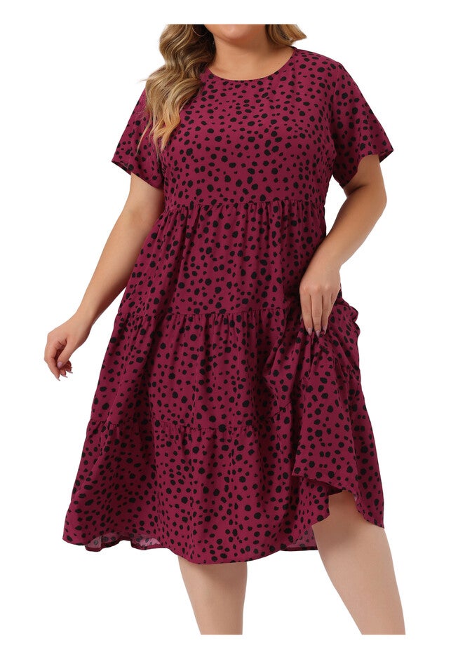 Polka Dots Short Sleeve Midi Layered Dress, Burgundy / Red, alternate image number 1