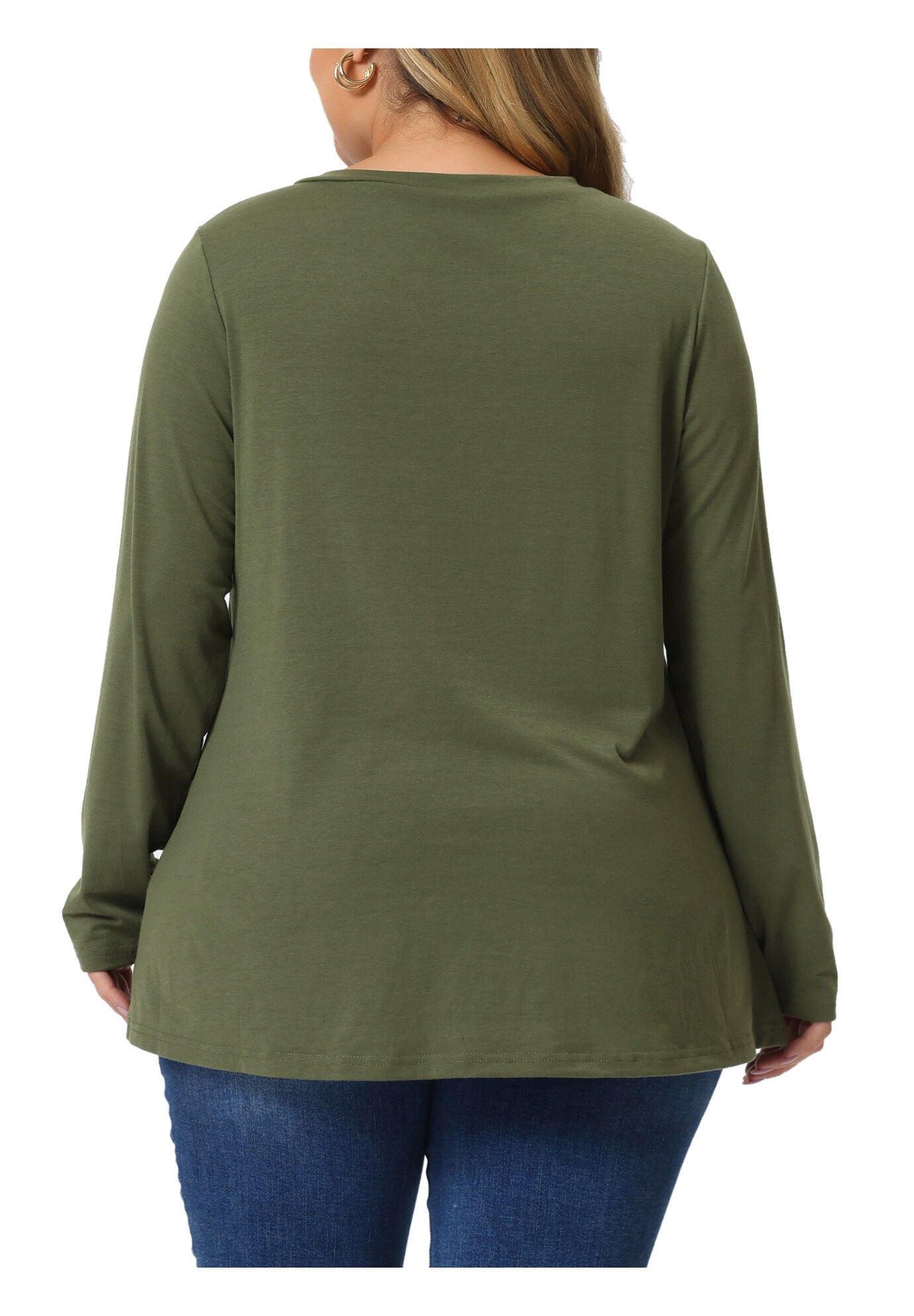 LONG SLEEVE TUNIC TOP V NECK LOOSE T SHIRT, ArmyGreen / Olive Green, alternate image number 3