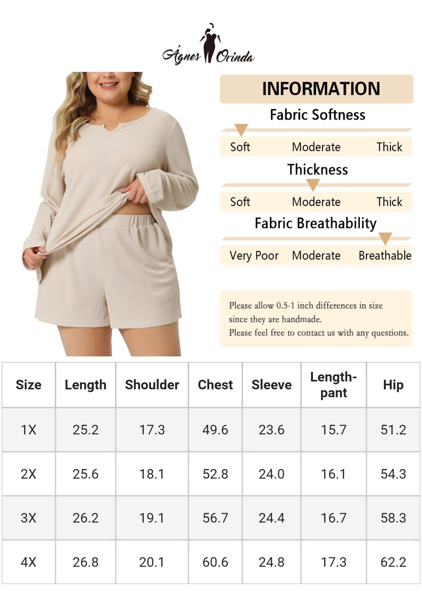 Waffle 2 Piece Long Sleeved Top and Shorts Pajama Sweatsuits Set, Beige / Beige, alternate image number 4