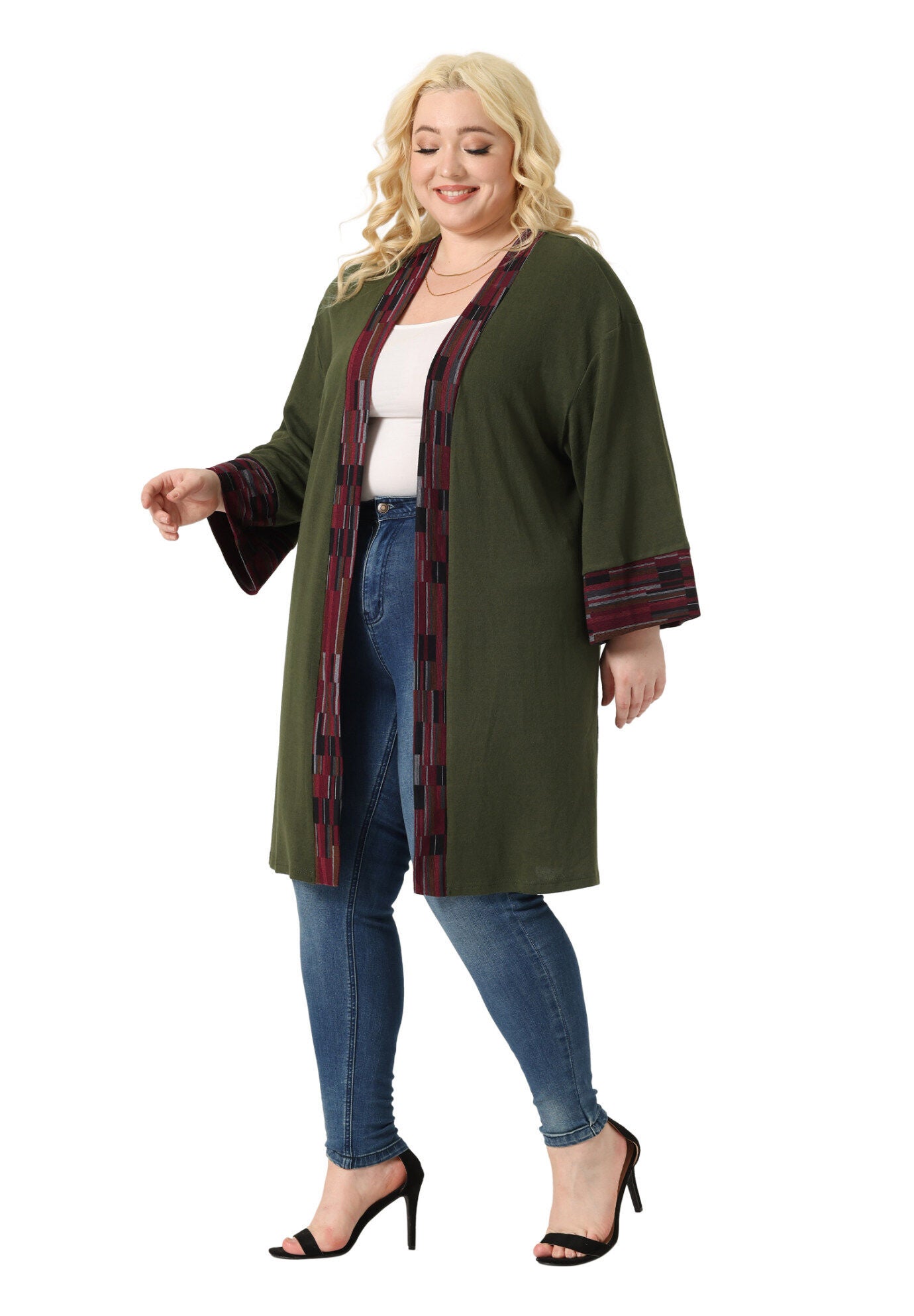 OPEN FRONT BOHO BOHEMIAN KNIT CARDIGAN, Army Green / Olive Green, hi-res image number 0