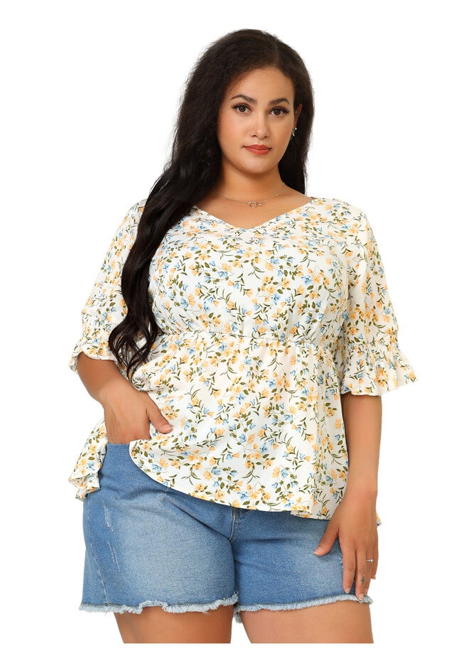 Chic V Neck Short Sleeve Floral Peplum Blouse, White / White, alternate image number 3