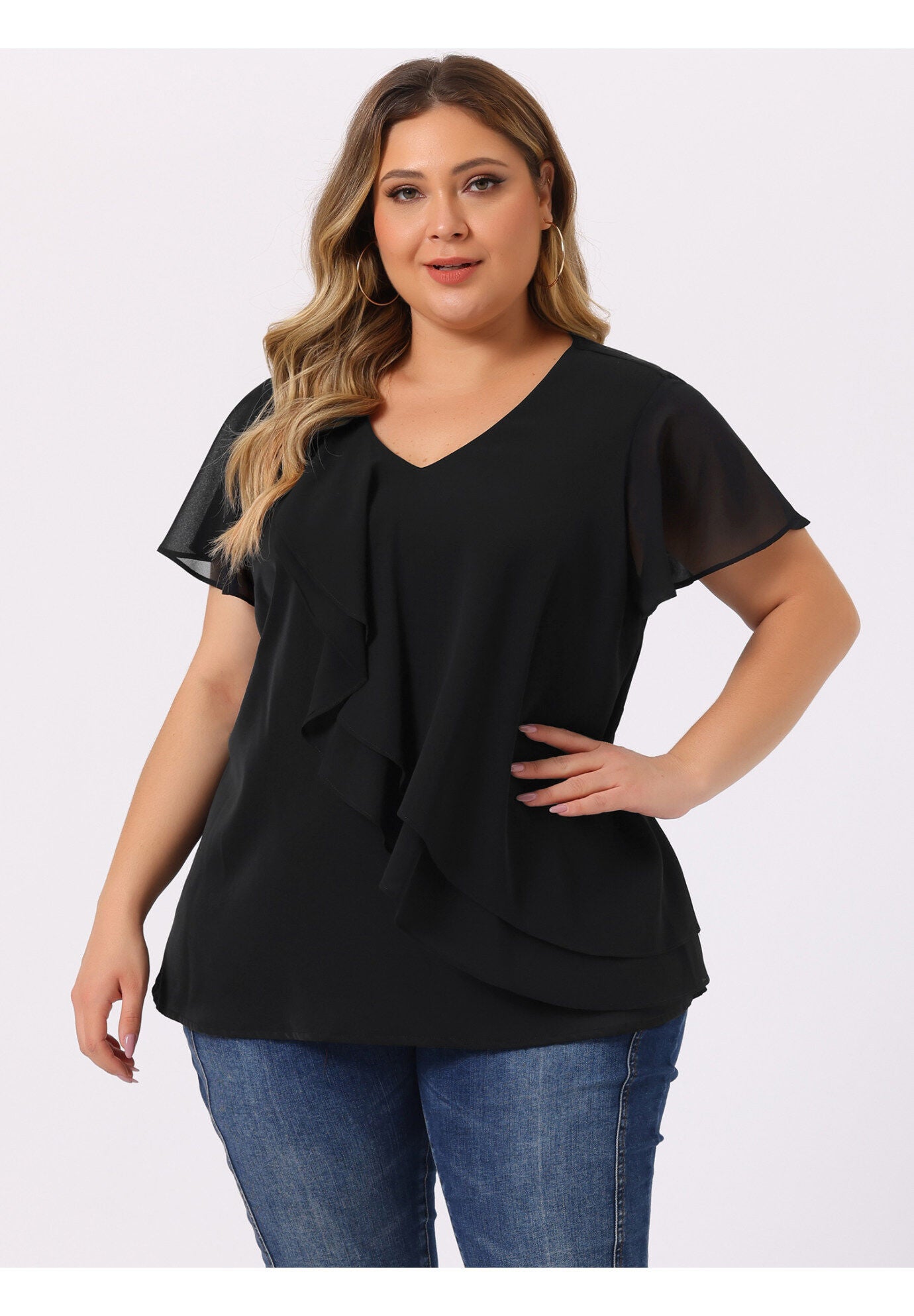 Flutter Sleeves Blouse V Neck Layer Chiffon Ruffle Top, Black / Black, alternate image number 1
